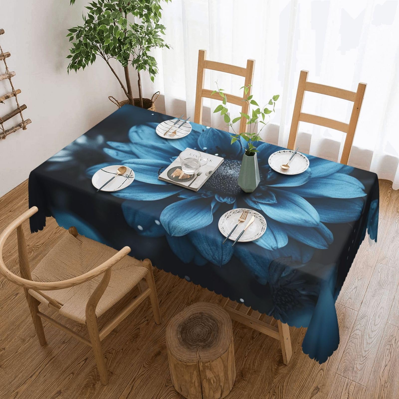 Nappe de table rectangulaire fleurs bleues imperméable lavable 137x183