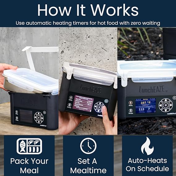 LunchEAZE Pro Cordless Heated Lunchbox Battery-Powered, 4-Cup Capacity, 220F Max, Automatic Scheduled Heating, Insulated Bag Included for Hot Meals Anywhere