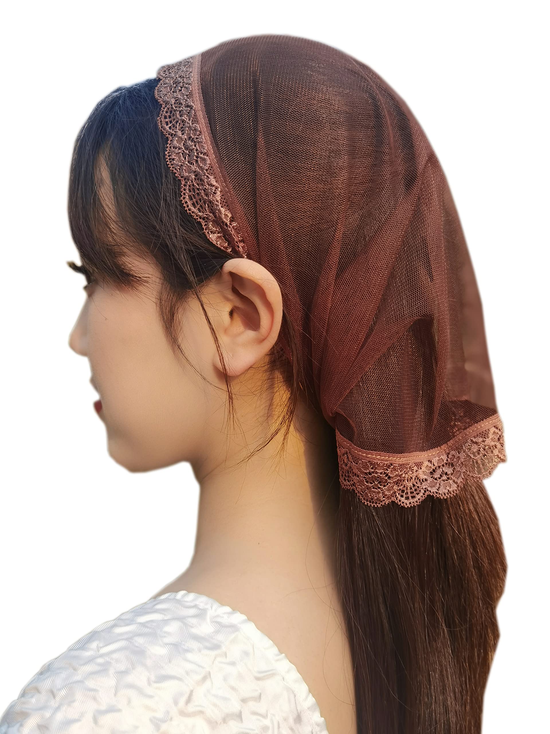 YuRongsxt Triangle Chapel Veil Mantilla Lace Headcovering Catholic Latin Mass M15, Brown, Large