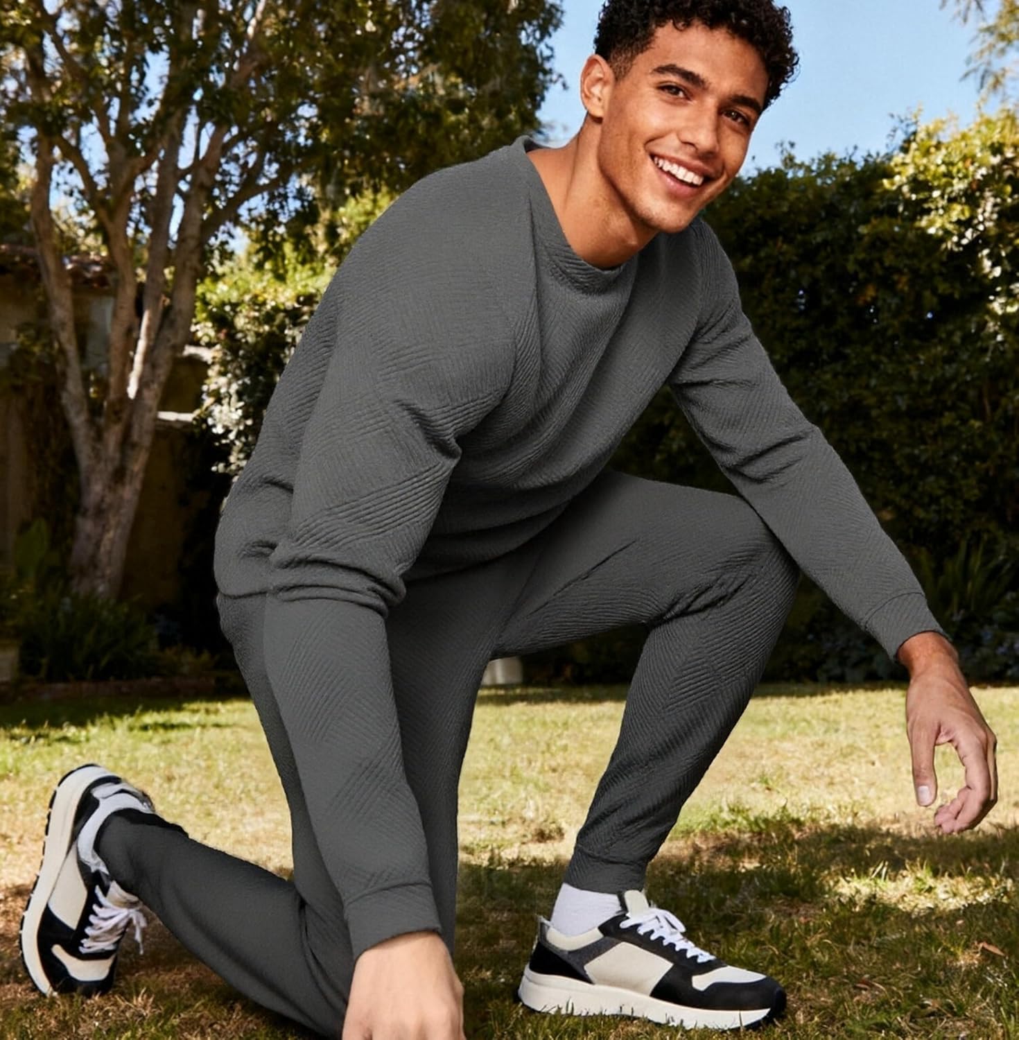 UOUA Mens 2 Piece Sweatsuits Set Long Sleeve Sweatshirt Jogging Sweatpants Tracksuits Outfits - Image 3