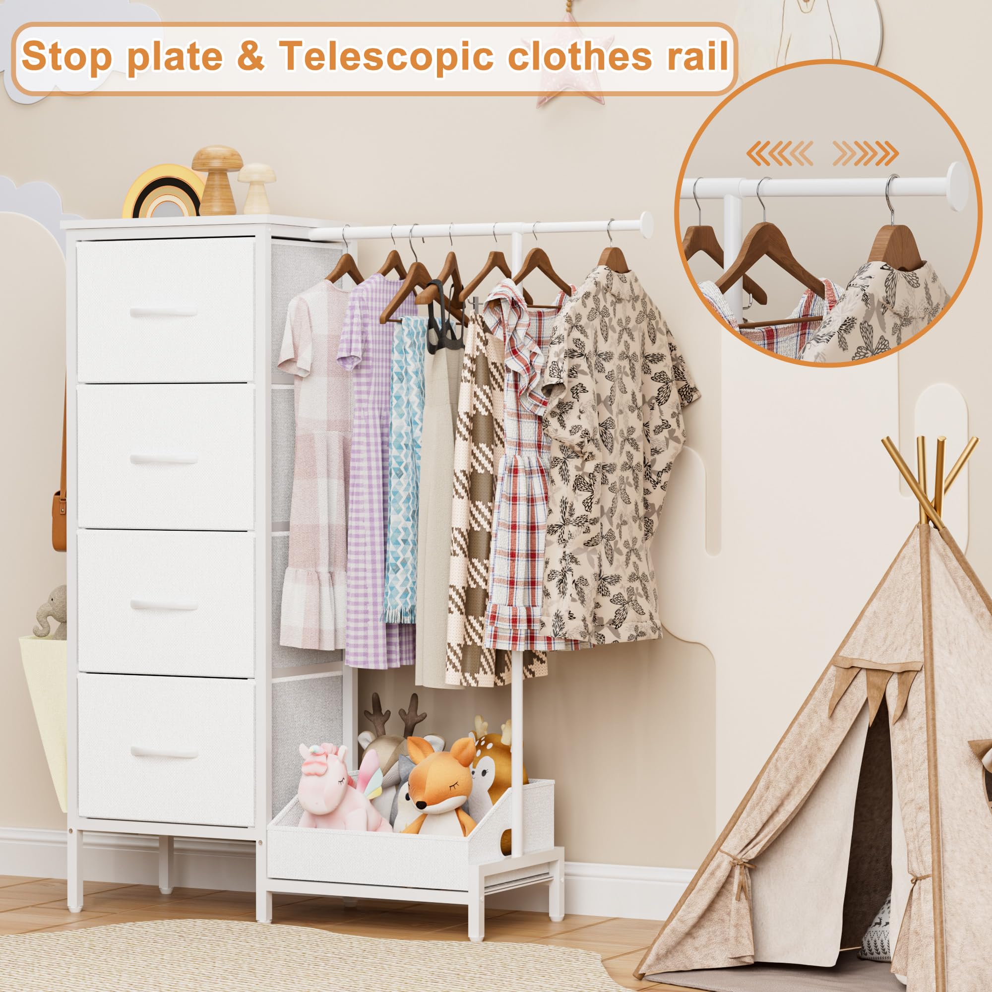 Kommode mit 4 Stoff Schubladen und Kleiderstange, 110cm Hoch Stabil Komodenschrank Schmaler Kleiderschrank für Schlafzimmer Flur Kinderzimmer, Platzsparender Wäscheschrank mit Schuhablage, Weiß