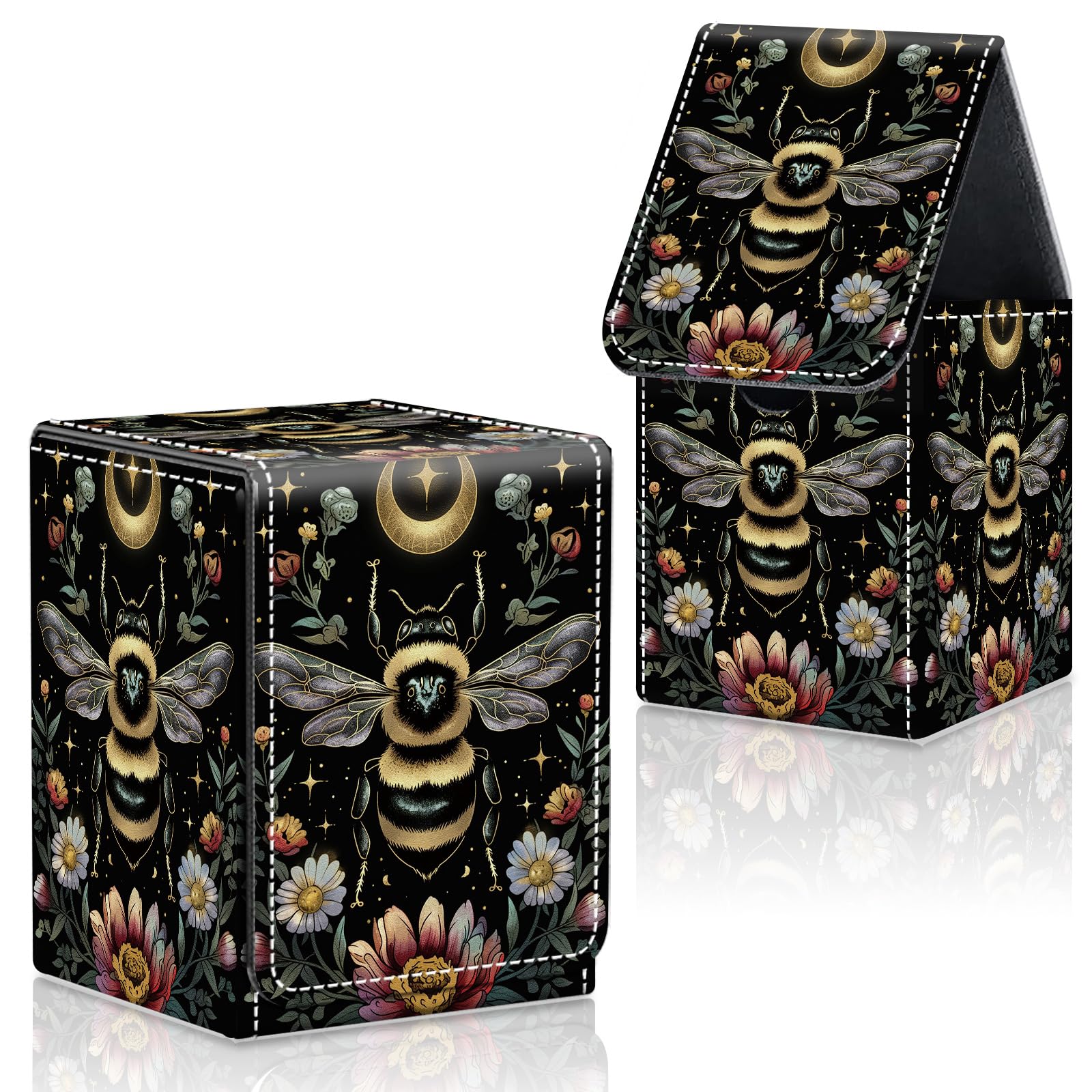 CAPAUNVDA Card Deck Box for MTG Commander Trading Cards with Magnetic Closure,Premium Card Storage Box Case Cover for MTG TCG CCG Magic Cards,Bee Moon Flowers