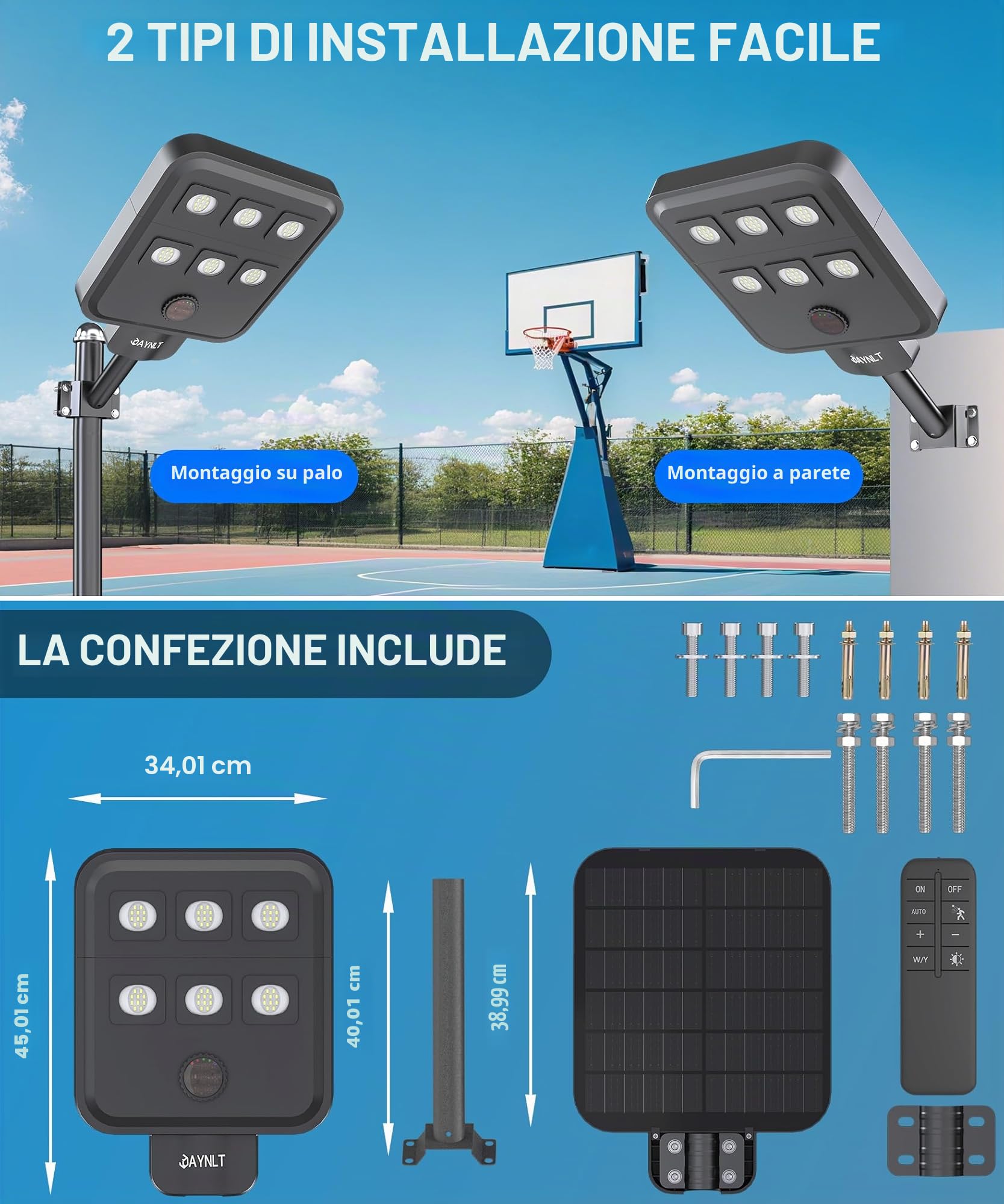 JAYNLT X-8000W Lampione Solare Led Esterno, Lampada Commerciali Super Bright 6500K con Sensore di Movimento, Lampioni di Sicurezza Energia Solari IP67 Impermeabile per Garage Cortile