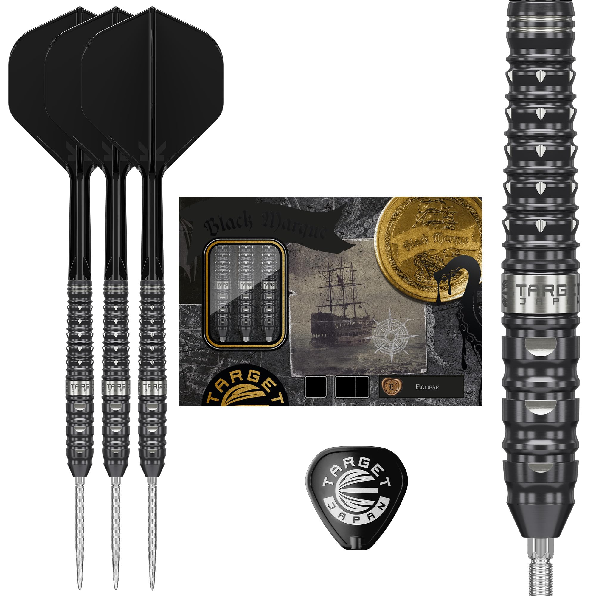Target Japan Black Marque Eclipse Punta in Acciaio Freccettes con Kflex, 23G/25G | 90% Tungsteno Freccette Set, K-Flex Alette e Aste No.2, Swiss Nano Point Tips, Felix sin