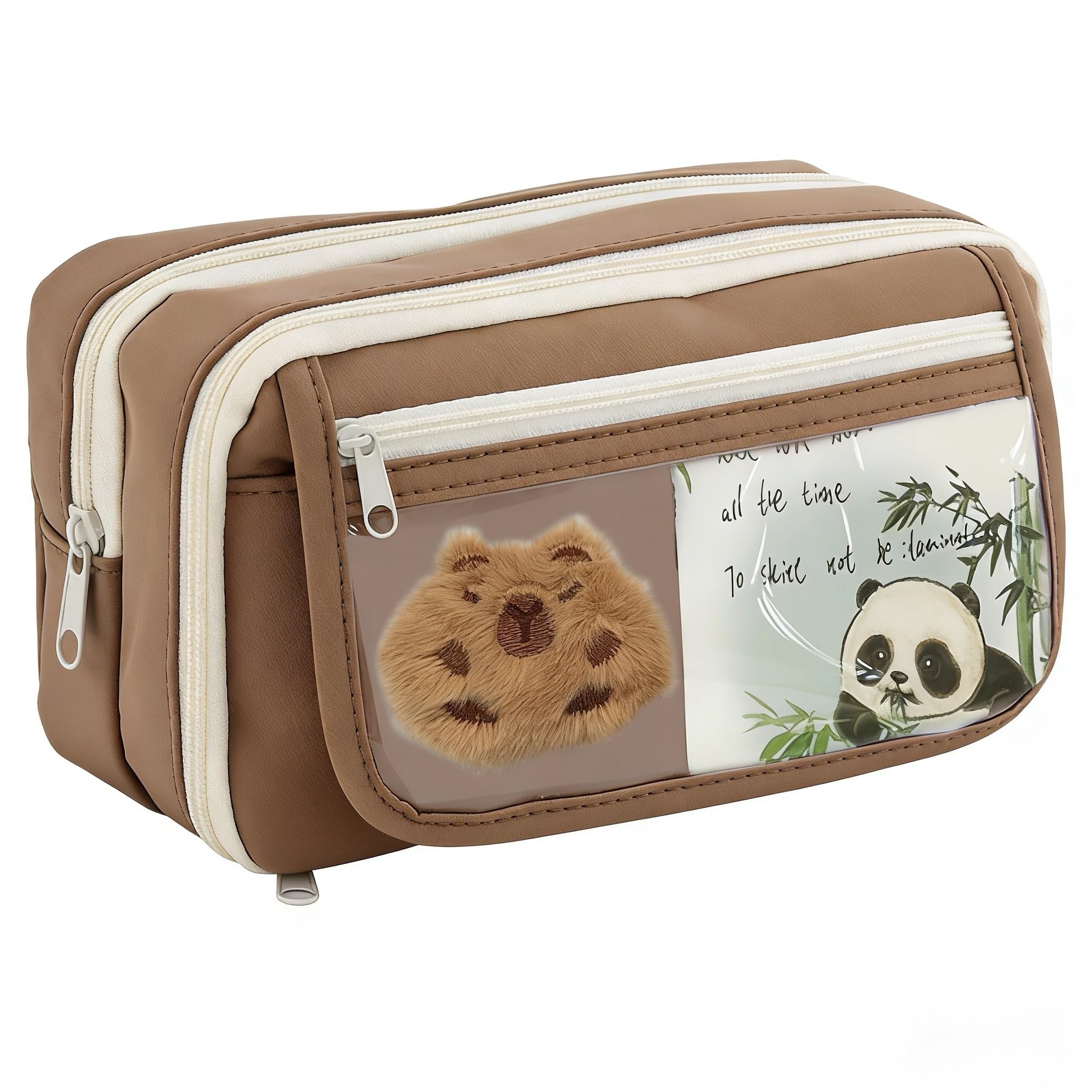 QZLSAYSL Girls' Pencil Case, Boys' School Pencil CaseComes with a Plush Charm-Brown