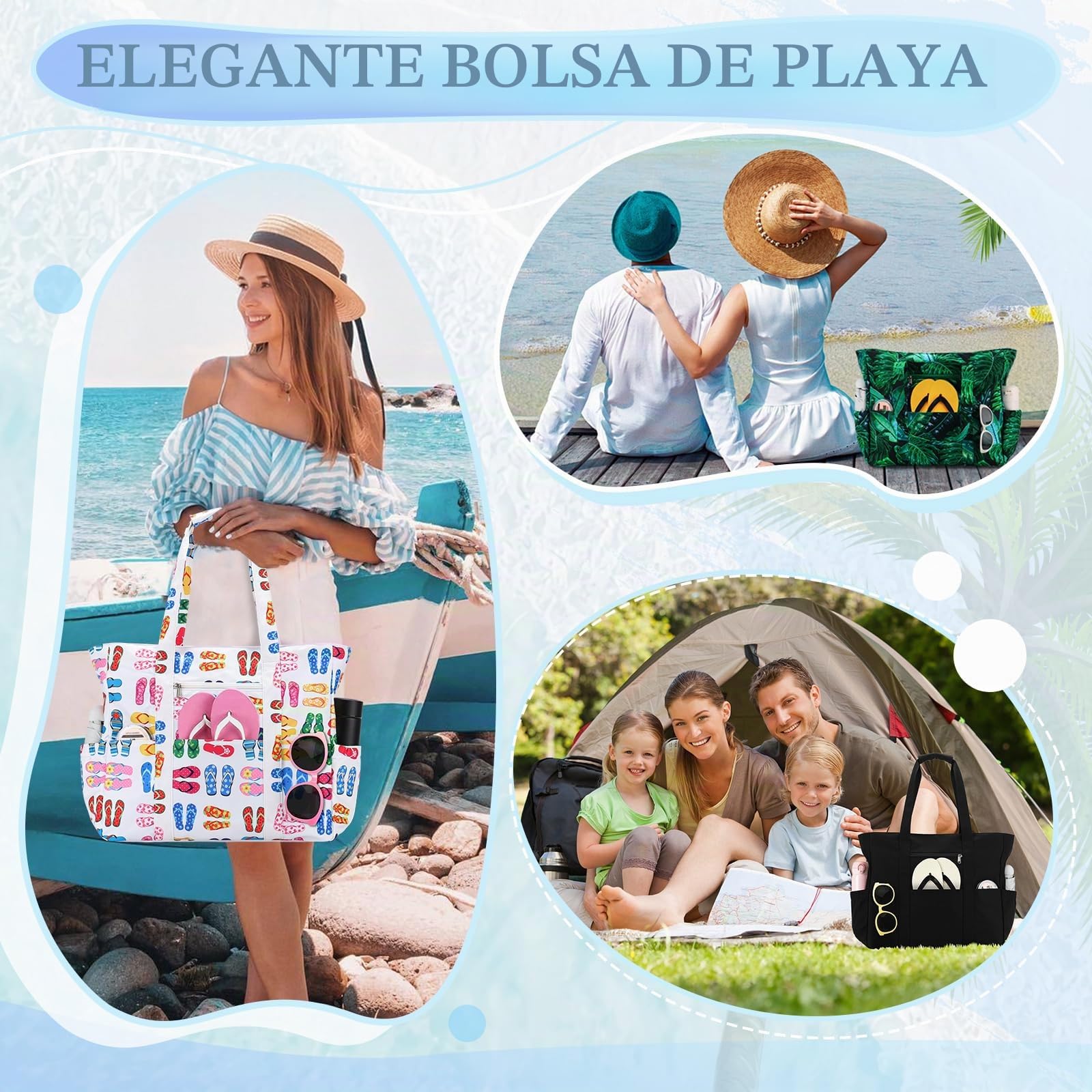 RAVUO Bolso Playa Grande XXL Familiar, Impermeable Bolso Playa Mujer con Cremallera Ligero Bolso Shopper Bolso Tote Bag para Natación, Deporte y Viajes