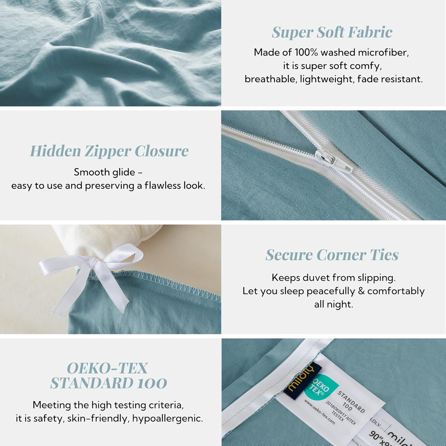 MILDLY Super Soft Duvet Cover - 100% Washed Microfiber Grayish Blue Comforter Cover Set 3 Pieces with Zipper Closure & Corner Ties (No Comforter) - Image 5