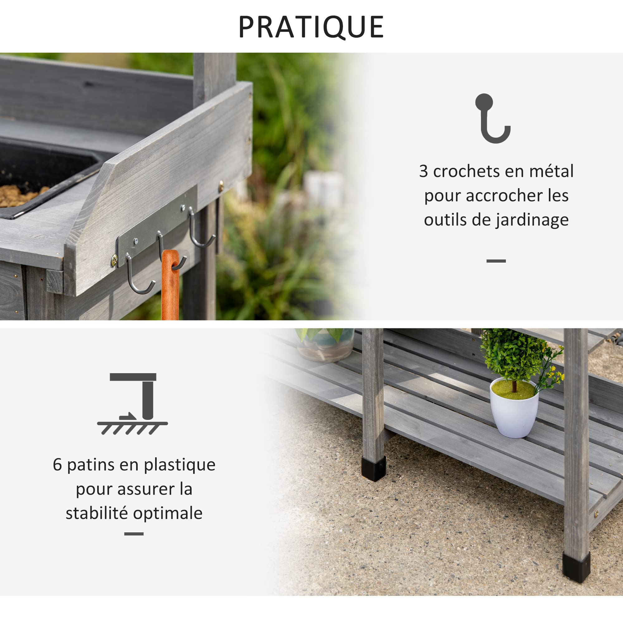 Outsunny Tavolo da giardinaggio multifunzionale con cassetto, 3 ripiani, lavello, 3 ganci - tavolo da giardinaggio in legno di abete preoliato grigio