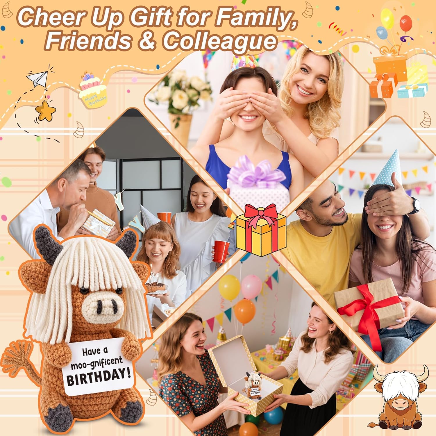 Birthday Gift for Women Men with Funny “Moo-gnificent Birthday” Message Card – Bday Stuffers Plush Decorations - Cute Unique Present for Her Him - Image 6