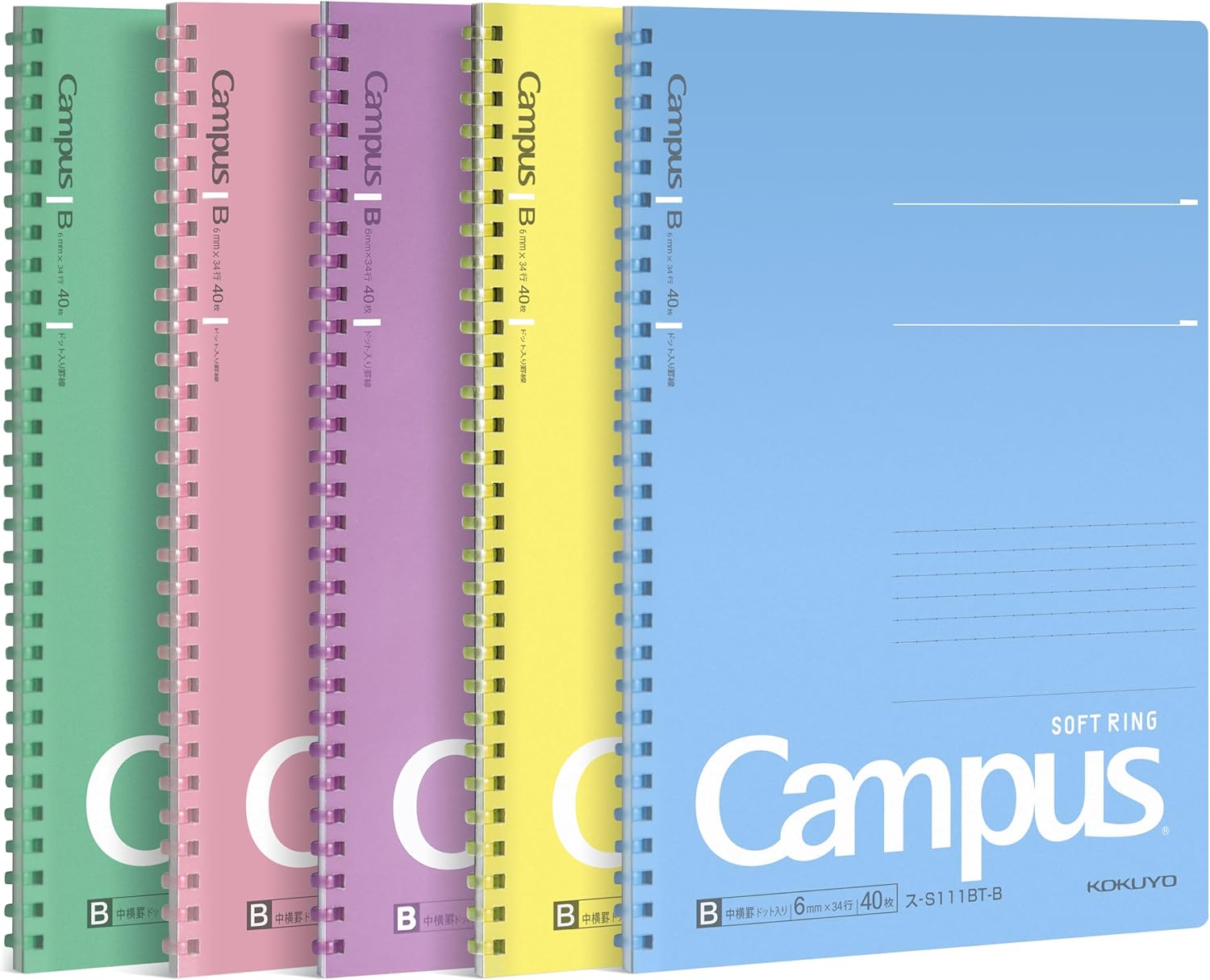 KOKUYO Spiral Lined Notebook, 5 Pack 10'' x 7'' Pastel Journal B5 Campus Soft Ring Notebooks with Dot 7 mm Ruled, 40 Sheets, 1 Subject Notebook, Note Taking for School (SU-S111AT)