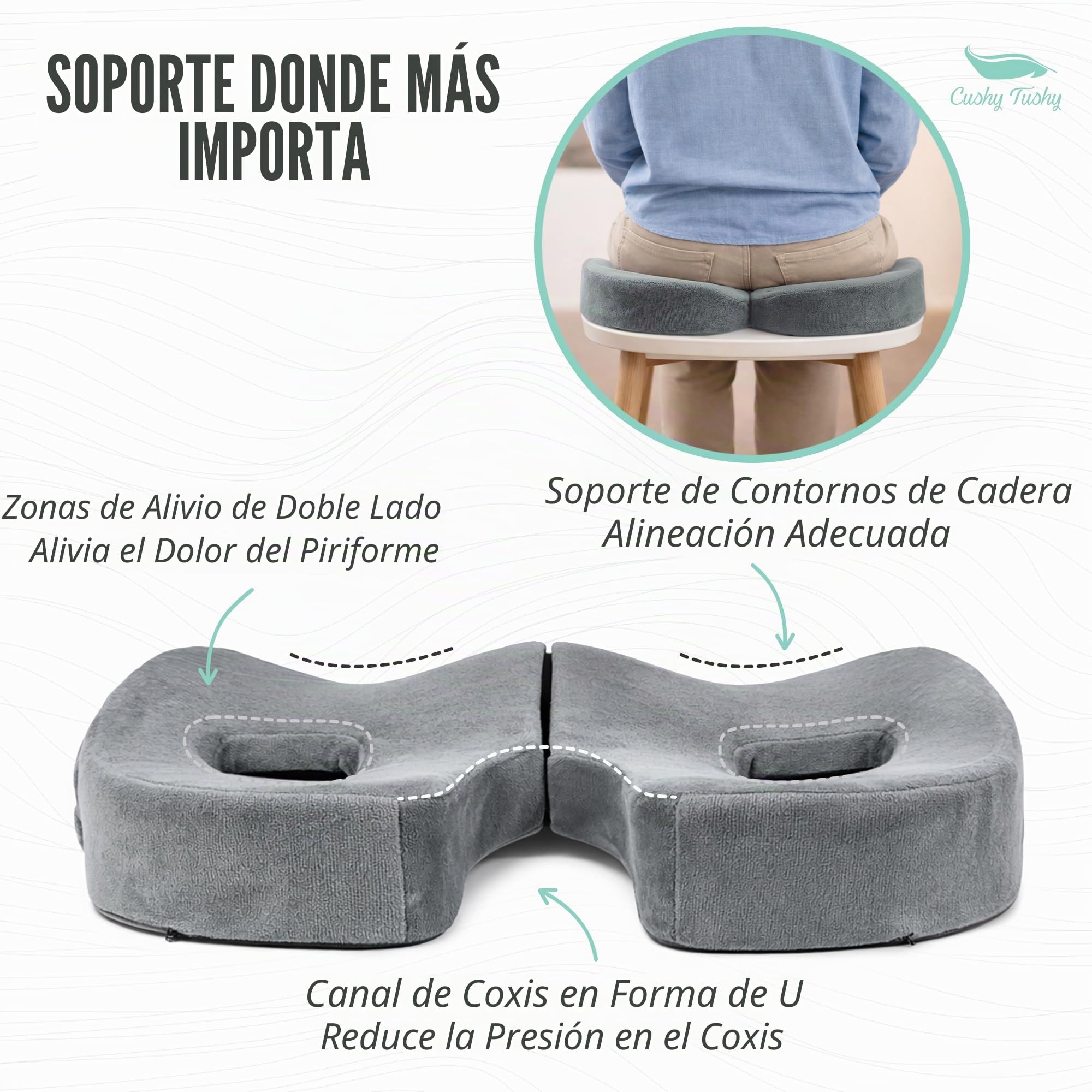 CushyTushy - Cojín piriformis plegable para aliviar el dolor de hueso de la cola para uso en el hogar, sillas de oficina y asientos de coche, cojín de síndrome piriformis
