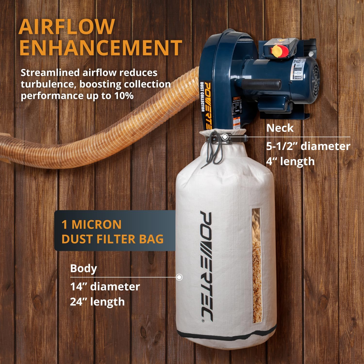 POWERTEC DC5371C Wall Mounted 1 HP, 560 CFM Dust Collector with 1 Micron Dust Collector Filter Bag and 1pc Extra Replacement Dust Filter Bag, Dust Collectors for Woodworking Dust Collection System