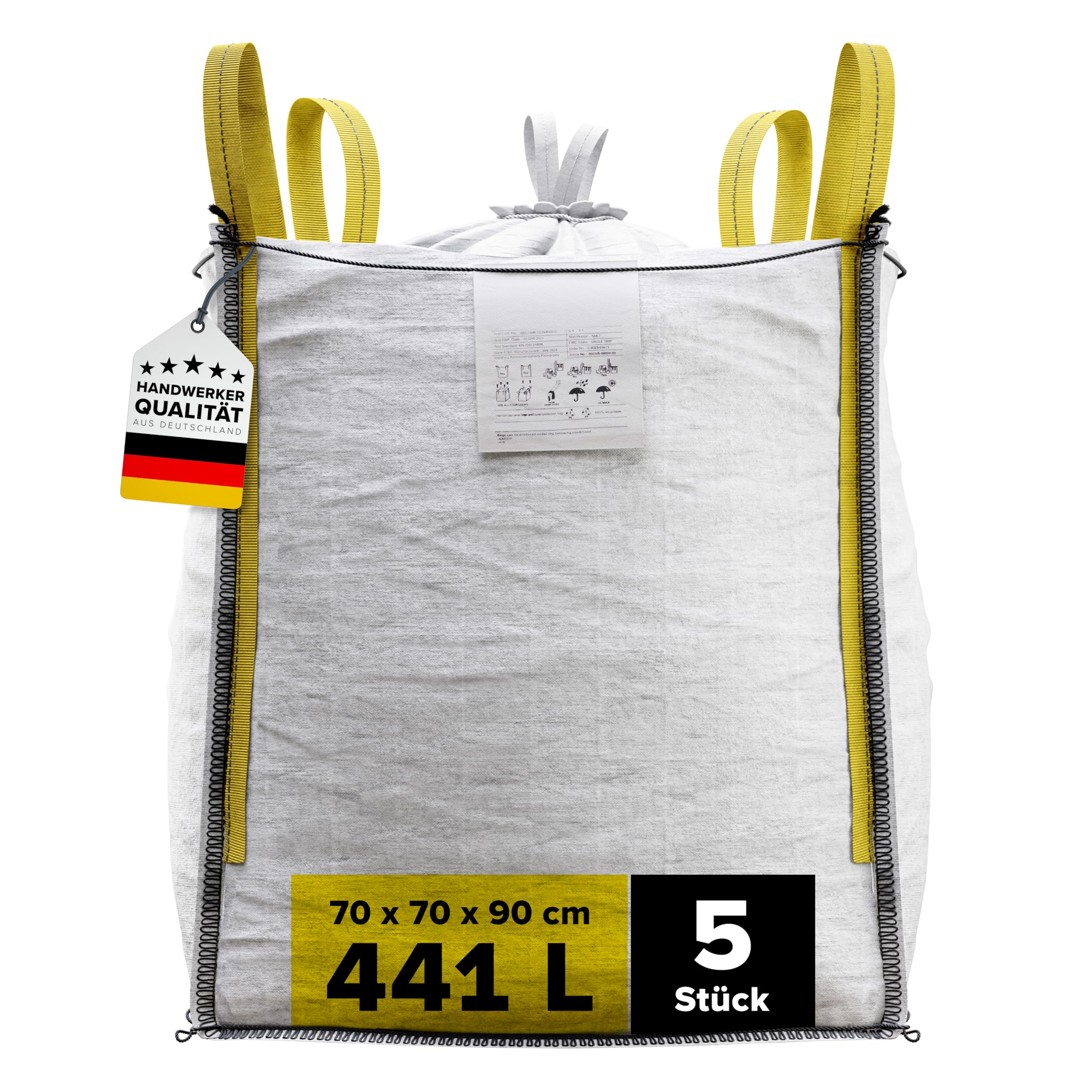 D-TACK 5x Big Bag | 70 x 70 x 90 cm | Säcke für Bauschutt, Holz, Laub, Kies, Sand, Erde, Gartenabfall, Grünschnitt, Pellets | 4 Schlaufen für Kran & Stapler | 1.000 kg | Inkl. Schürze zum Zubinden