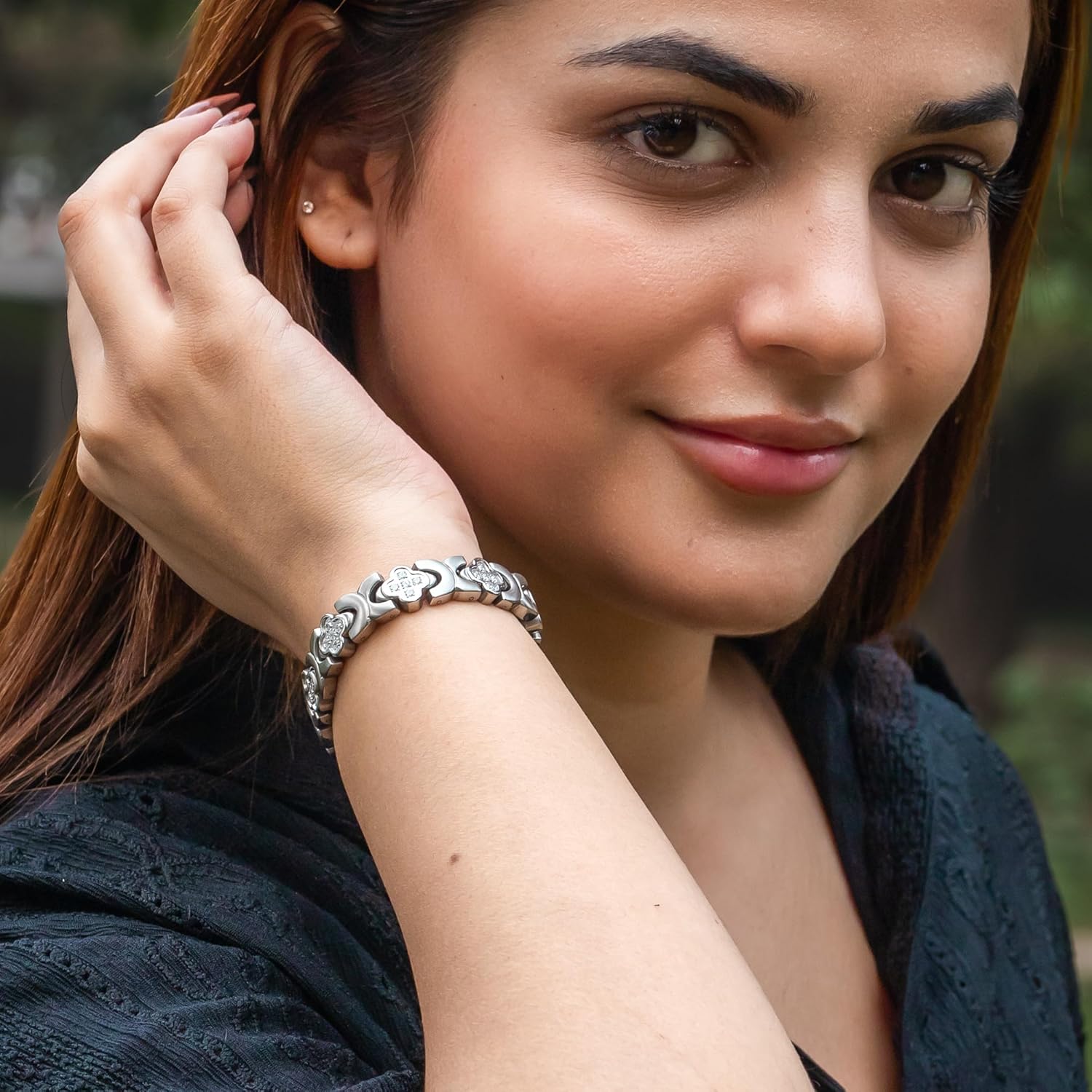 MagnetRX® Magnetic Bracelets for Women — Premium Four Leaf Clover Bracelet with Crystals and Ultra Strength Magnets — Adjustable Womens Magnetic Bracelet with Sizing Tool (Silver) - Image 2