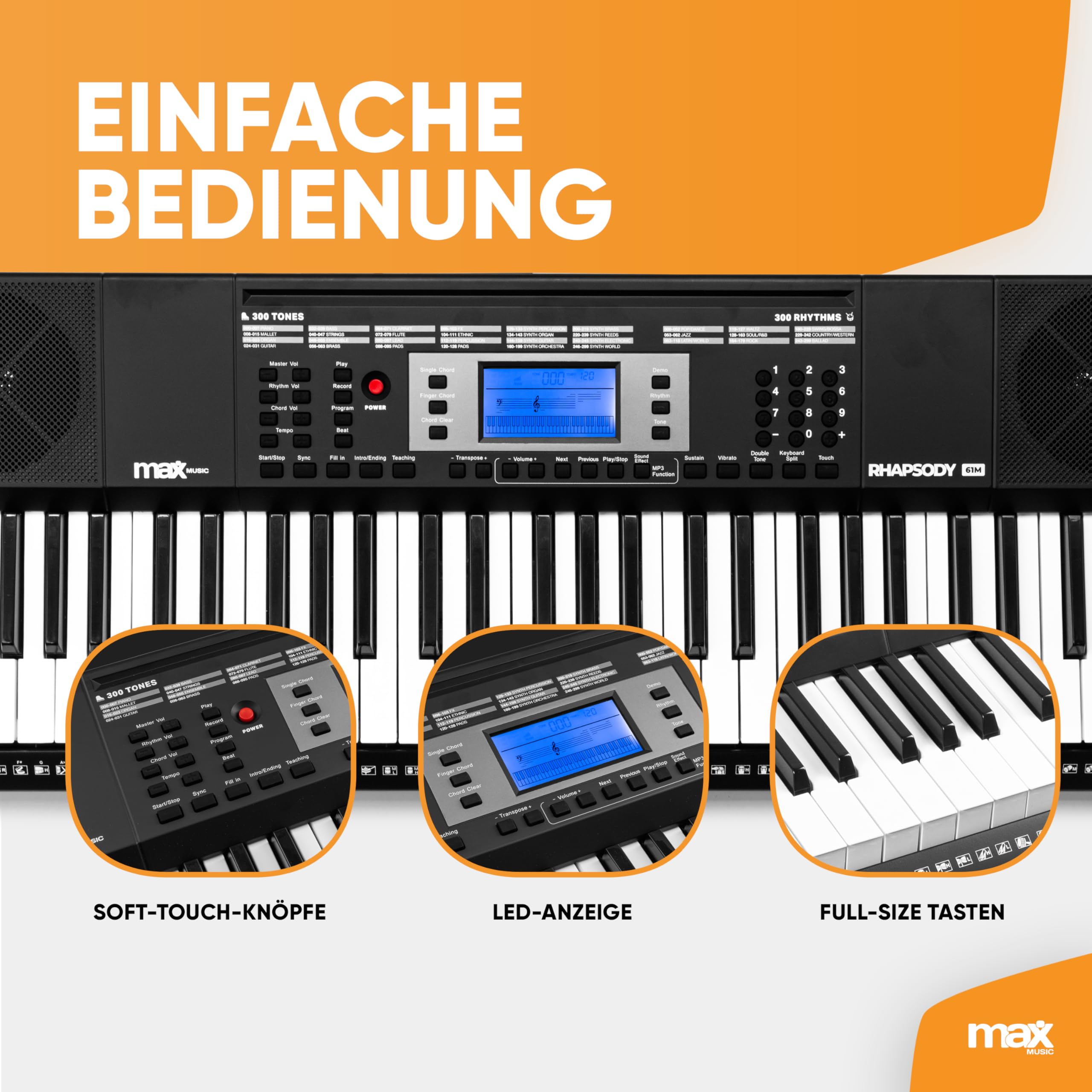MAX Rhapsody61M - MIDI Keyboard Piano mit 61 Tasten mit Ständer und Kopfhörer, Anschlagdynamik, LCD Display, 8h Akku, 40 Demo-Songs für Anfänger, Piano Keyboard Lern-Funktion, 300 Sounds