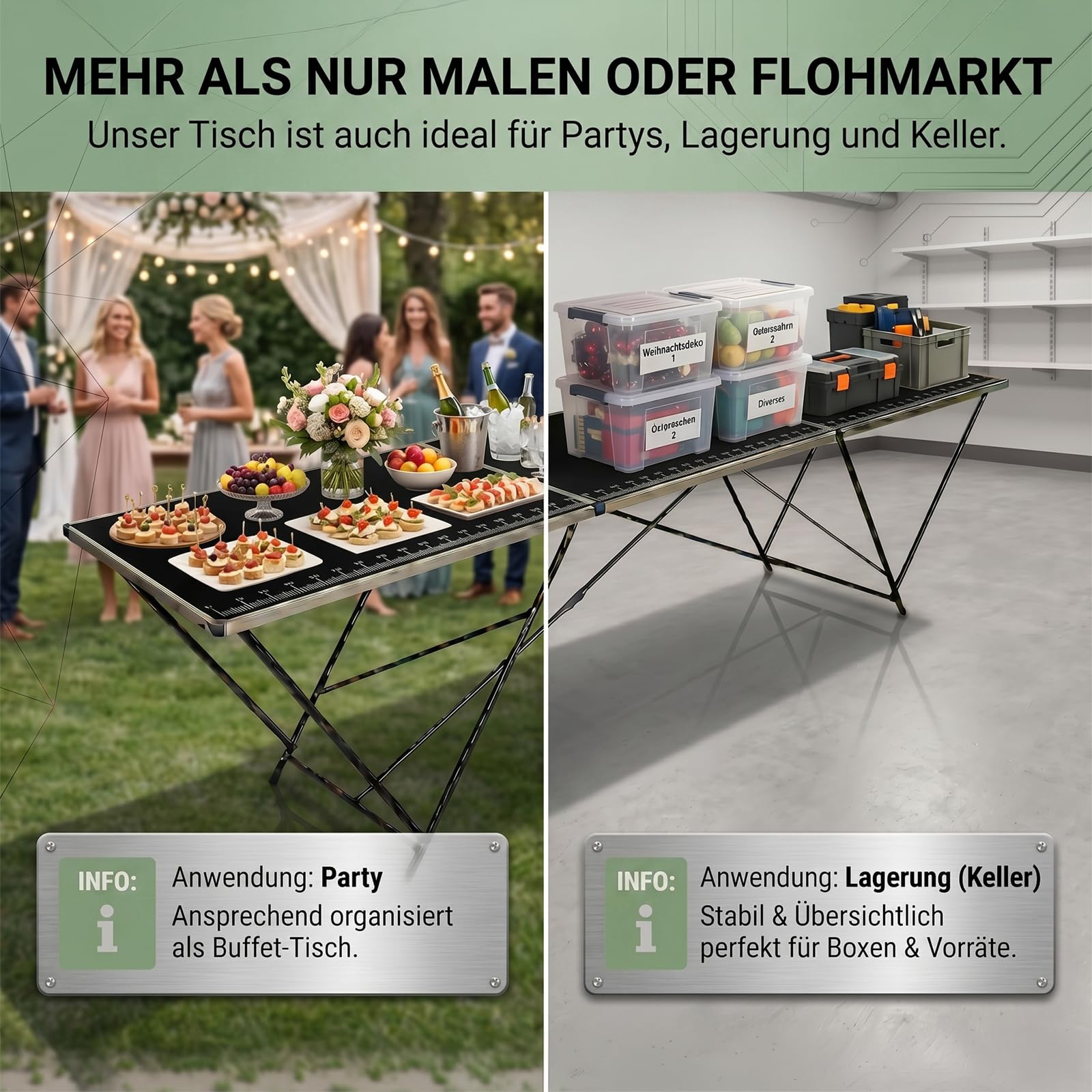 TRUTZHOLM Tapeziertisch klappbar aus Aluminium 300x60 cm | Mehrzwecktisch mit praktischer Messsskala | bis 30kg belastbar, stabile 3mm Dicke MDF-Platte
