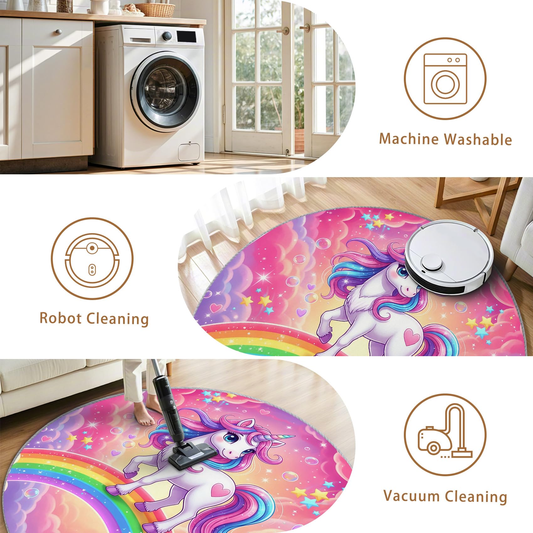 Einhorn Mädchen Teppich Rund 120cm Kurzflor - Waschbare Teppiche Wohnzimmer Rosa Einhorn Motiv Regenbogen Wolken - Runder Teppich 120 Durchmesser - Bettvorleger Schlafzimmer rutschfest