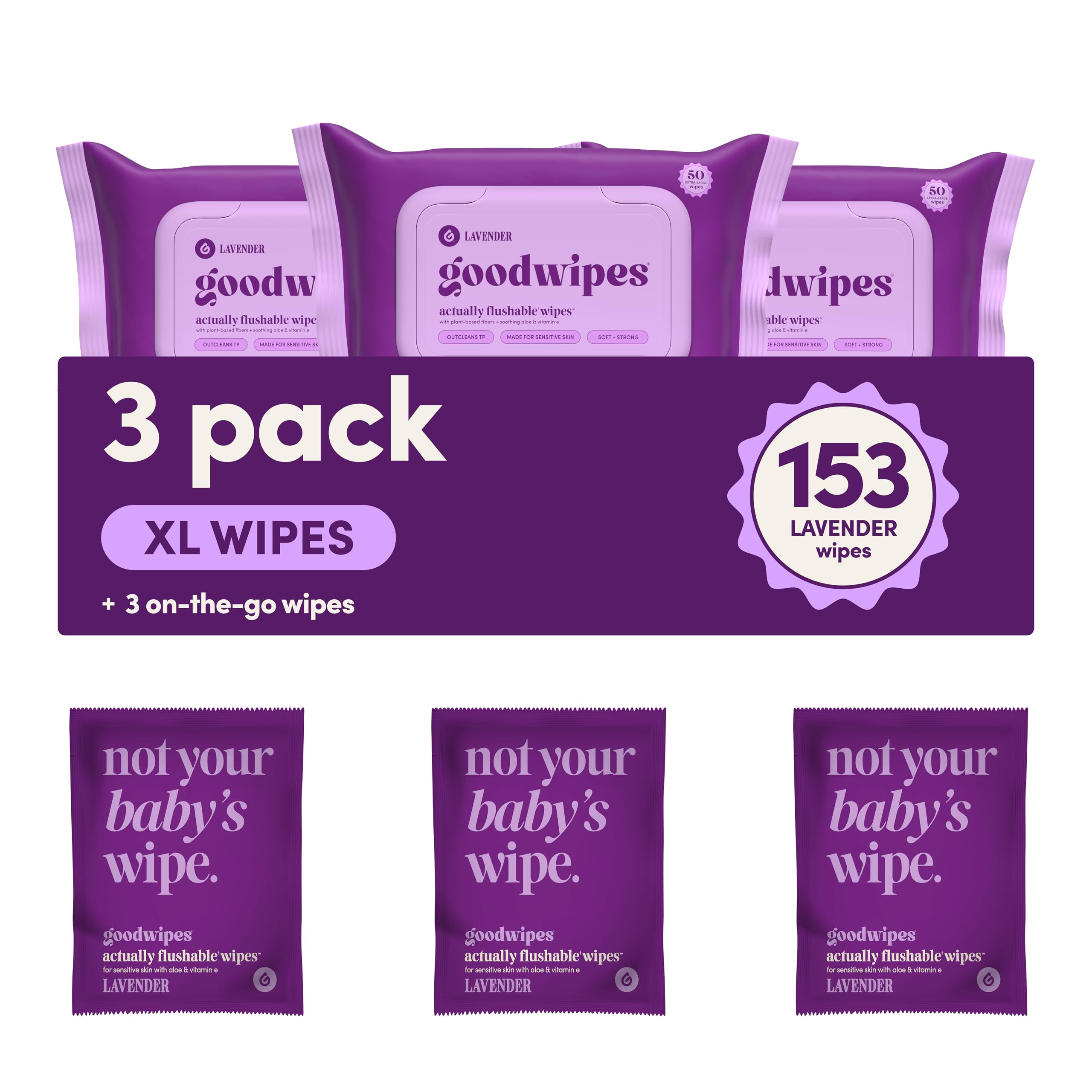 goodwipes Flushable Butt Wipes - Vitamin E & Aloe - Sewer & Septic Safe - Extra Large Adult Wet Wipes For Women & Men - Bathroom Essentials - Lavender
