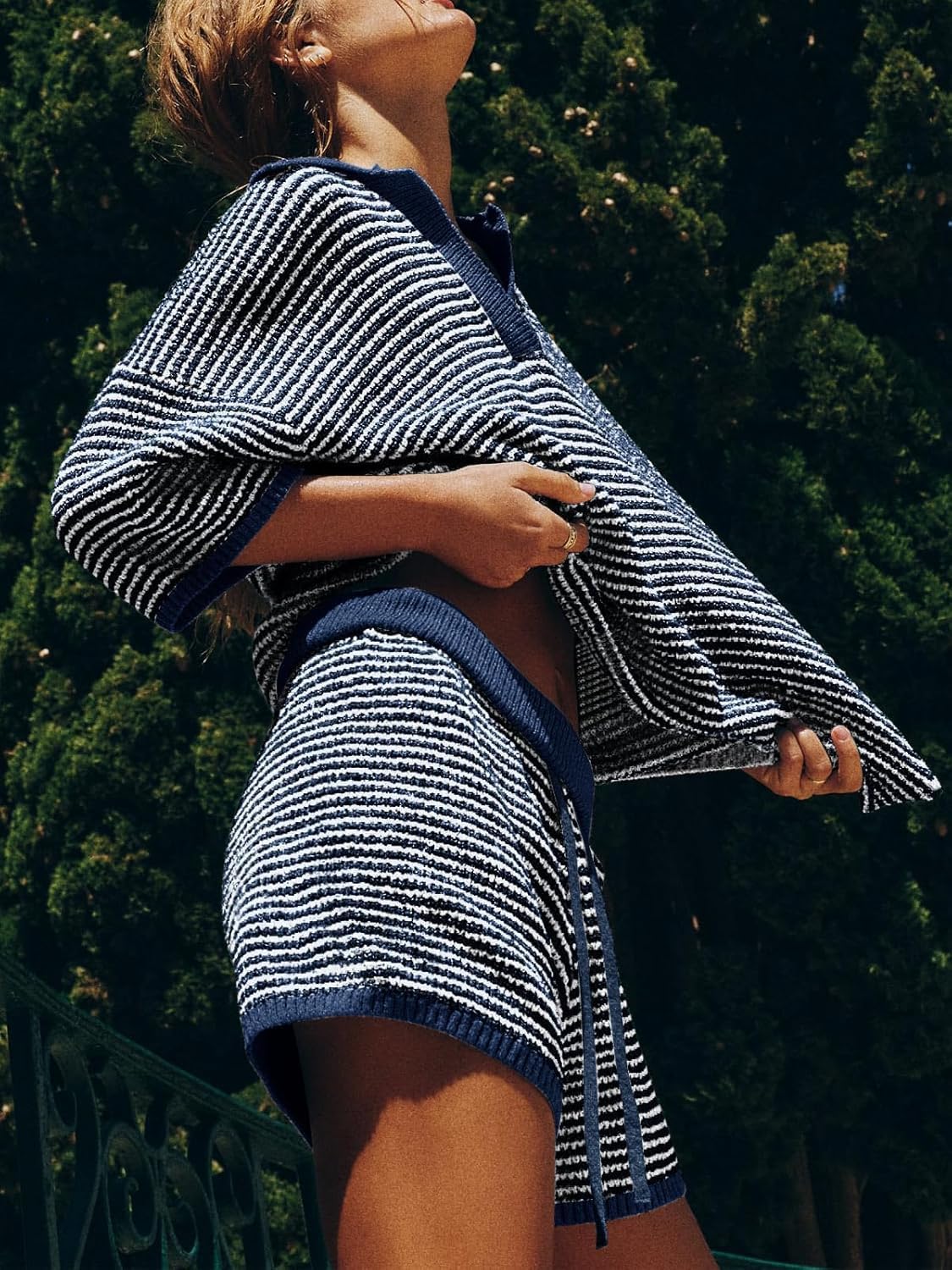 Tankaneo Womens Sweater Set 2 Piece Outfits Oversized 3/4 Sleeve V Neck Knit Tops High Waisted Shorts Lounge Sets - Image 4