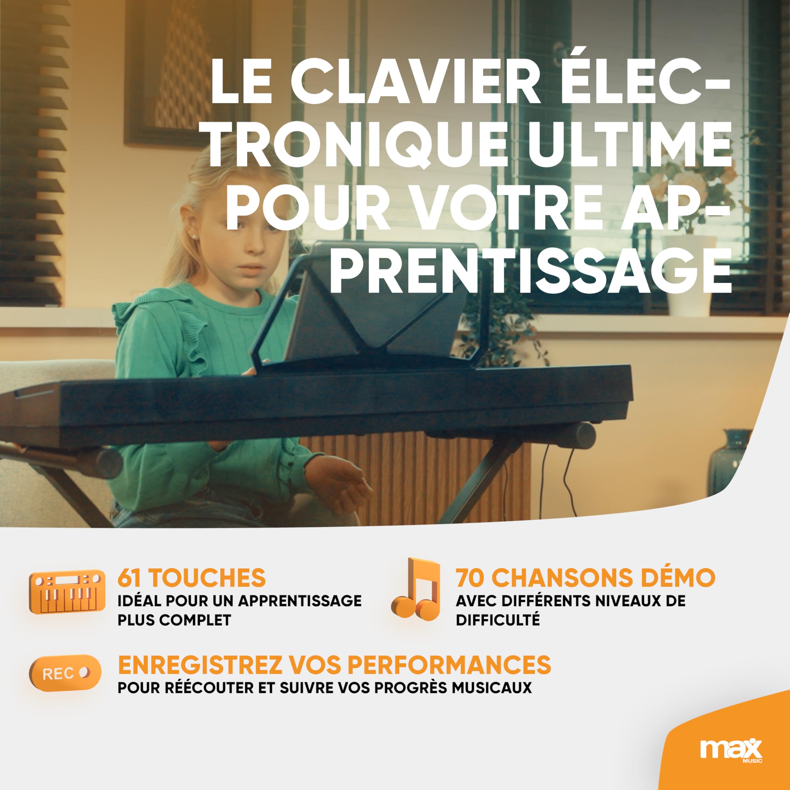 Max KB15 Clavier Électronique 61 Touches Stand et Casque Audio Inclus | Apprentissage Musical pour Débutants, Expérience Interactive et Ludique, Deux Haut-parleurs Intégrés, Pratique Maison
