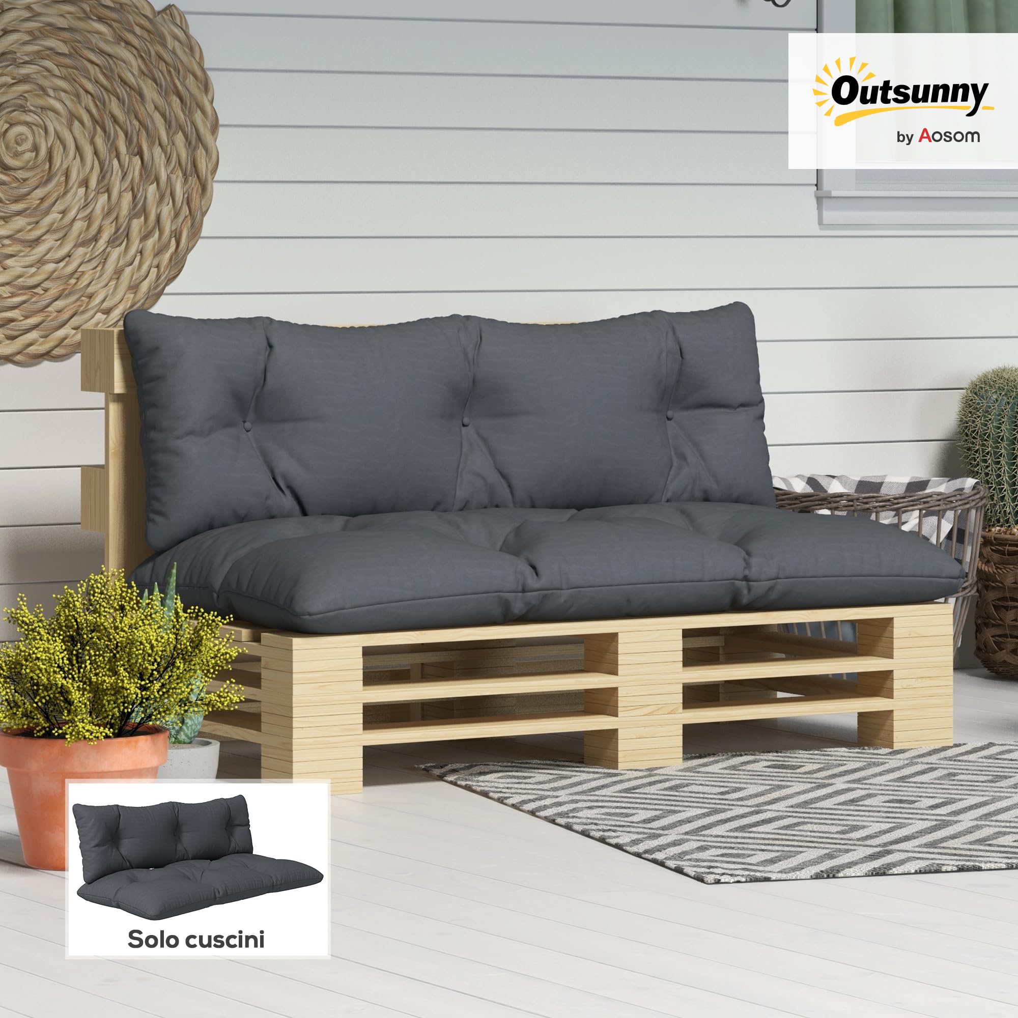 Outsunny Set 2 Pezzi Cuscini per Pallet per Schienale e Seduta con Imbottitura Spessa, Cuscini per Divano in Poliestere, per Interno ed Esterno, 120x60 cm, Grigio Carbone