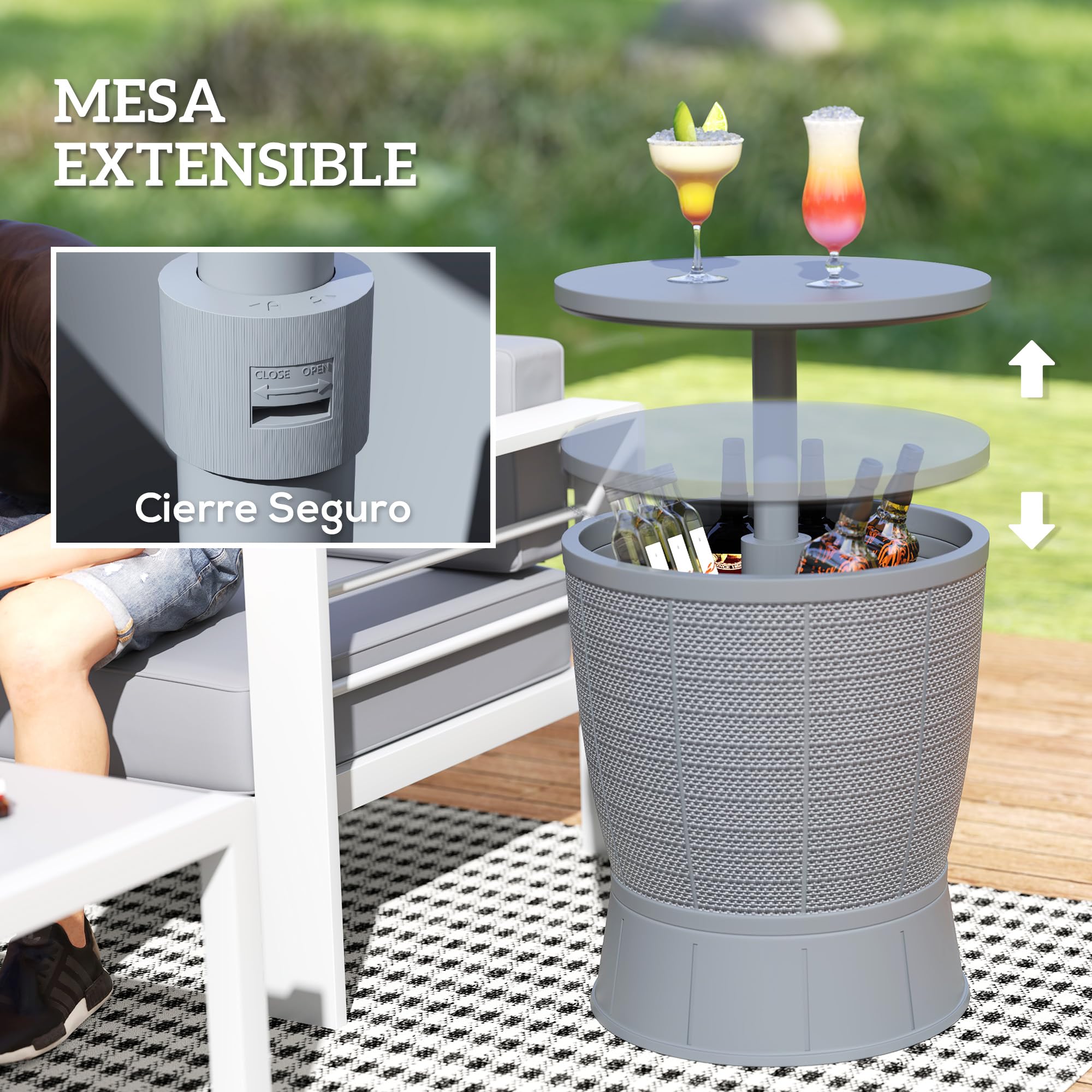Outsunny Mesa Nevera para Exterior 41 L 3 en 1 Piscina 58-84 cm Gris | Mesa Auxiliar Exterior, Altura Ajustable, Cubo de Hielo, Tapa Superior Elevable, Fiesta, Piscina, Jardín, Patio