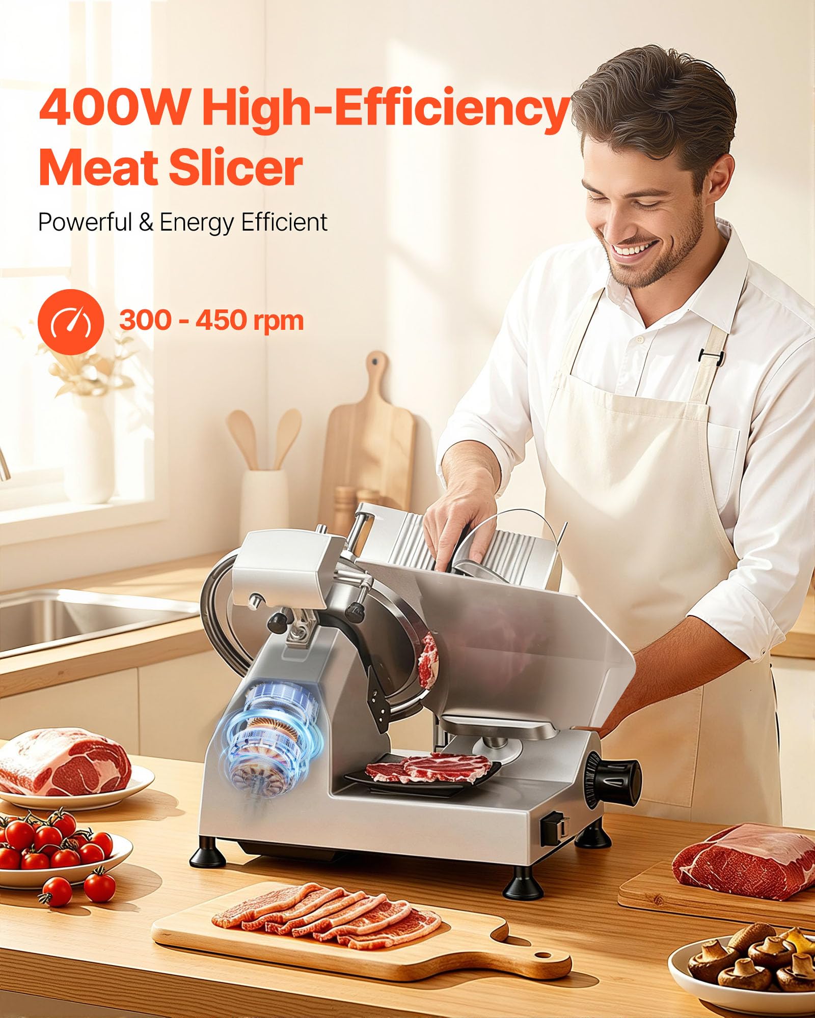 VEVOR Cortafiambres Eléctrico 400 W, Cortadora de Carne Comercial con Cuchilla de Acero al Carbono de 30 cm y bandeja para alimentos, Grosor Ajustable de 0-15 mm para Carne, Jamón, Baguette, Filete