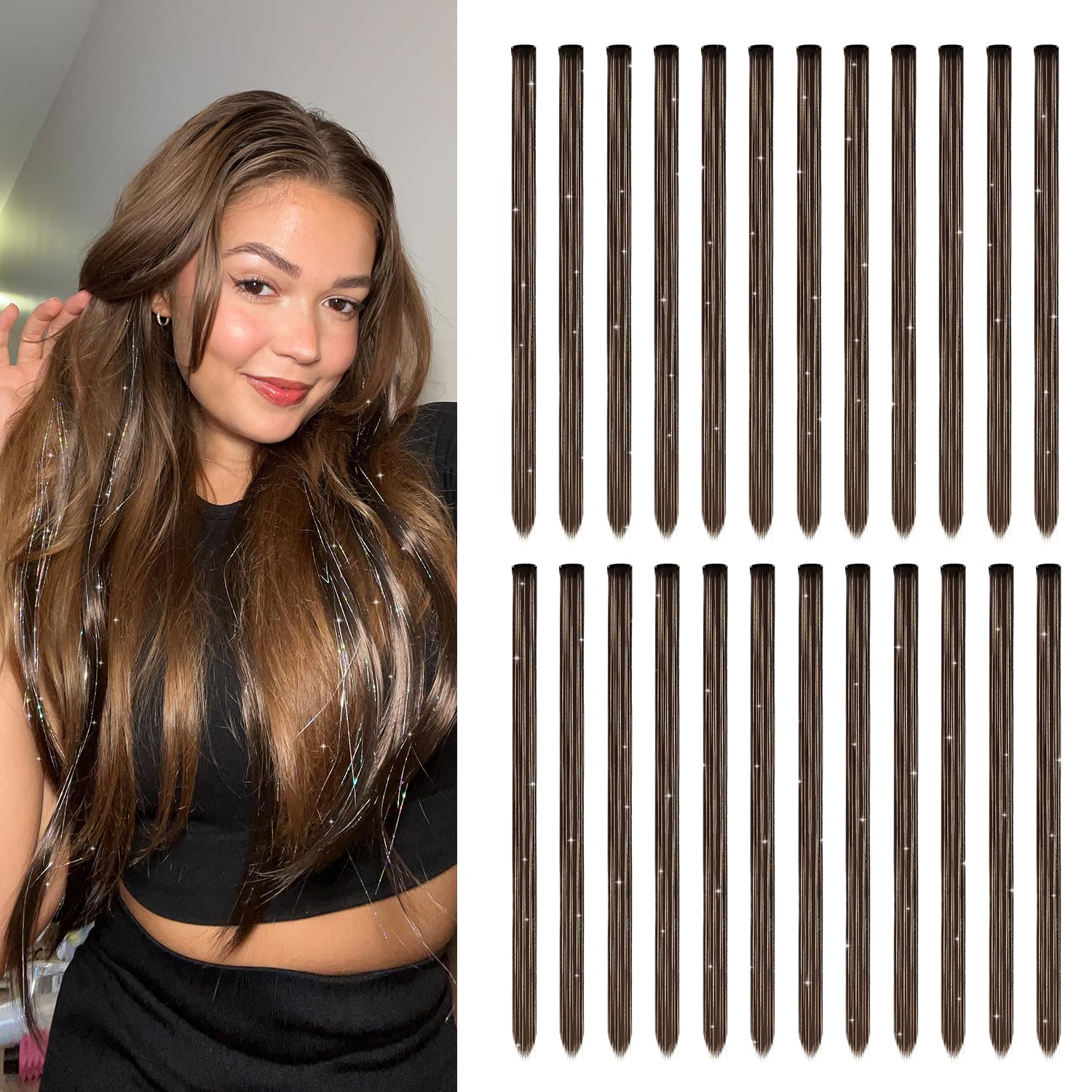 Dreamlover Brown Hair Extensions for Girls Kids Hair Extensions Clip in with Tinsel, Hairpieces for Women 24 Pieces