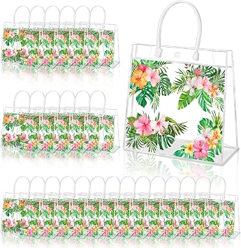HYMENEX 24 Pcs Hawaiian Gift Bags, Aloha Clear PVC Gift Bag with Handles Luau Goodie Treat Candy Bags for Summer Tropical Aloha Festival Hawaiian Holiday Party Supplies Favor