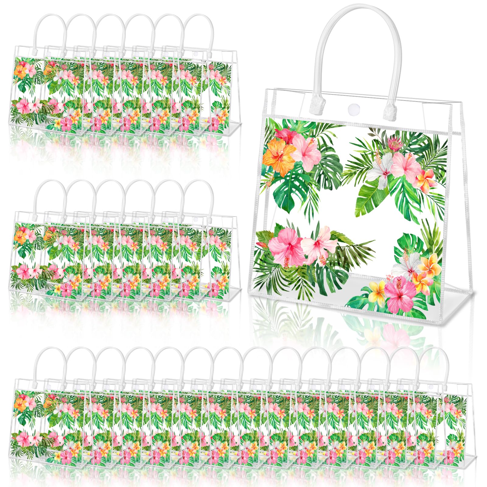 HYMENEX 24 Pcs Hawaiian Gift Bags, Aloha Clear PVC Gift Bag with Handles Luau Goodie Treat Candy Bags for Summer Tropical Aloha Festival Hawaiian Holiday Party Supplies Favor