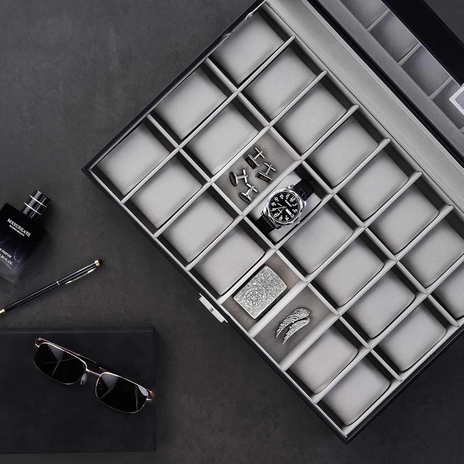 ProCase Watch Box for Men, 24 Slot Display Case with Real Glass Lid and Removable Pillows, Premium Storage Holder Organizer for Watch Collectors Valentine's Day -24 Slot, Black