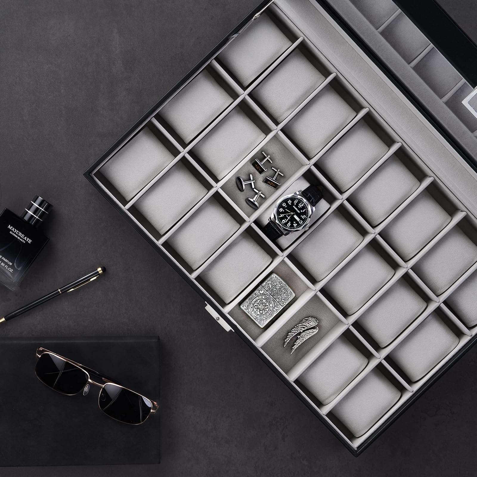 ProCase Boîte à Montres 24 Emplacements, Coffret de Rangement Grande Capacité avec Couvercle en Verre Transparent, Coffret Cadeau Élégant pour Collection de Montres -Noir