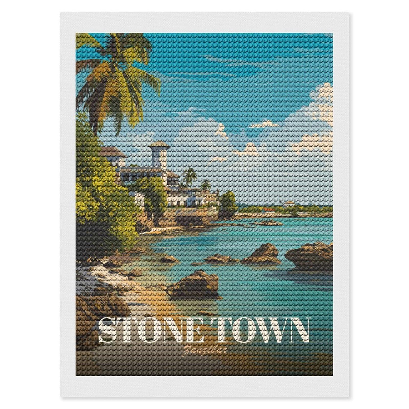 Junmoney Stone Town Zanzibar Travel Diamond Painting Canvas Set 12"x16", for Women, Pleasing Wall Art Project, Aesthetic Room Decor, Gift Idea