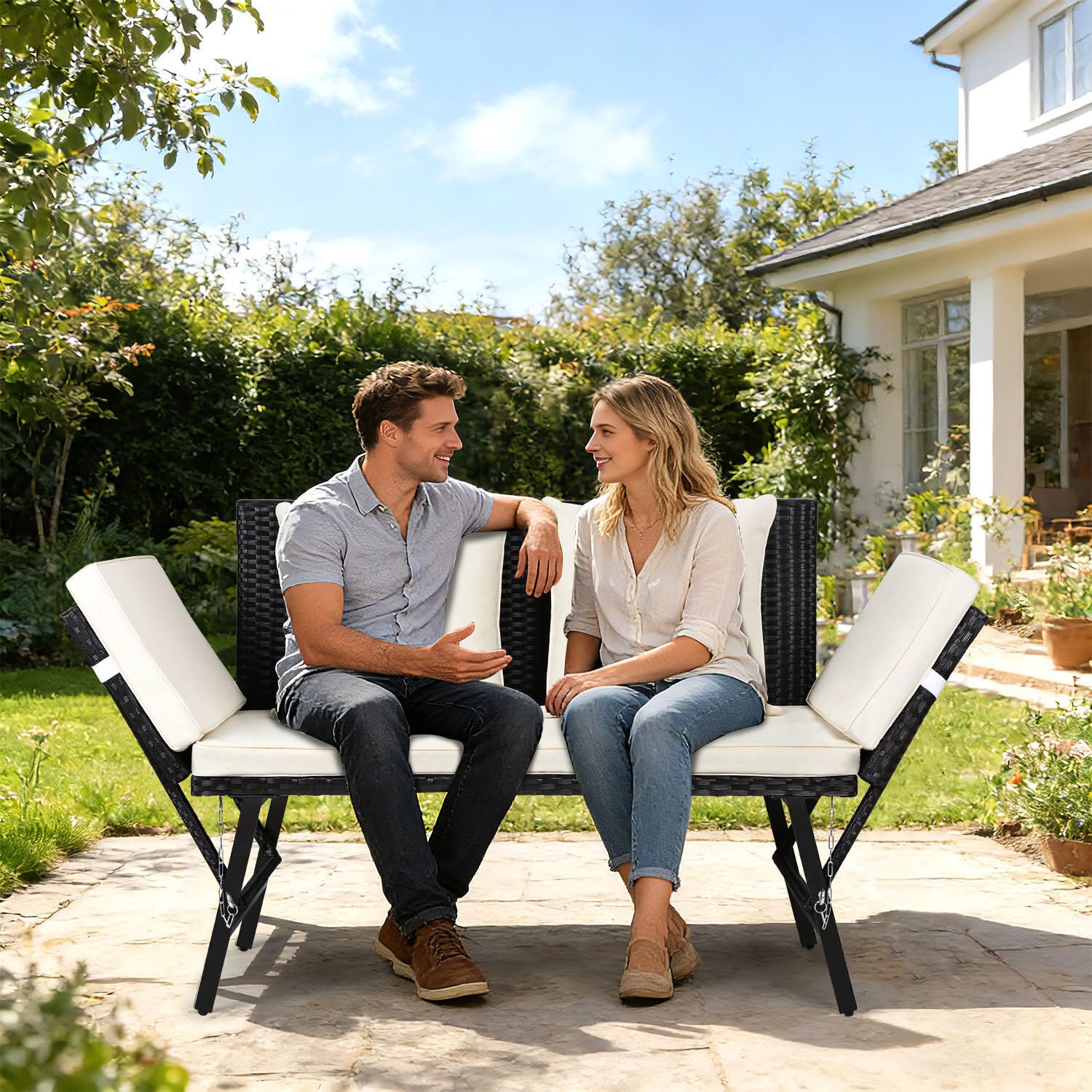 Panchina da giardino in polyrattan 3 in 1 con funzione sdraio, divano da giardino a 2 posti, braccioli pieghevoli (bulloni), mobili da salotto per esterni, con imbottitura spessa e cuscino