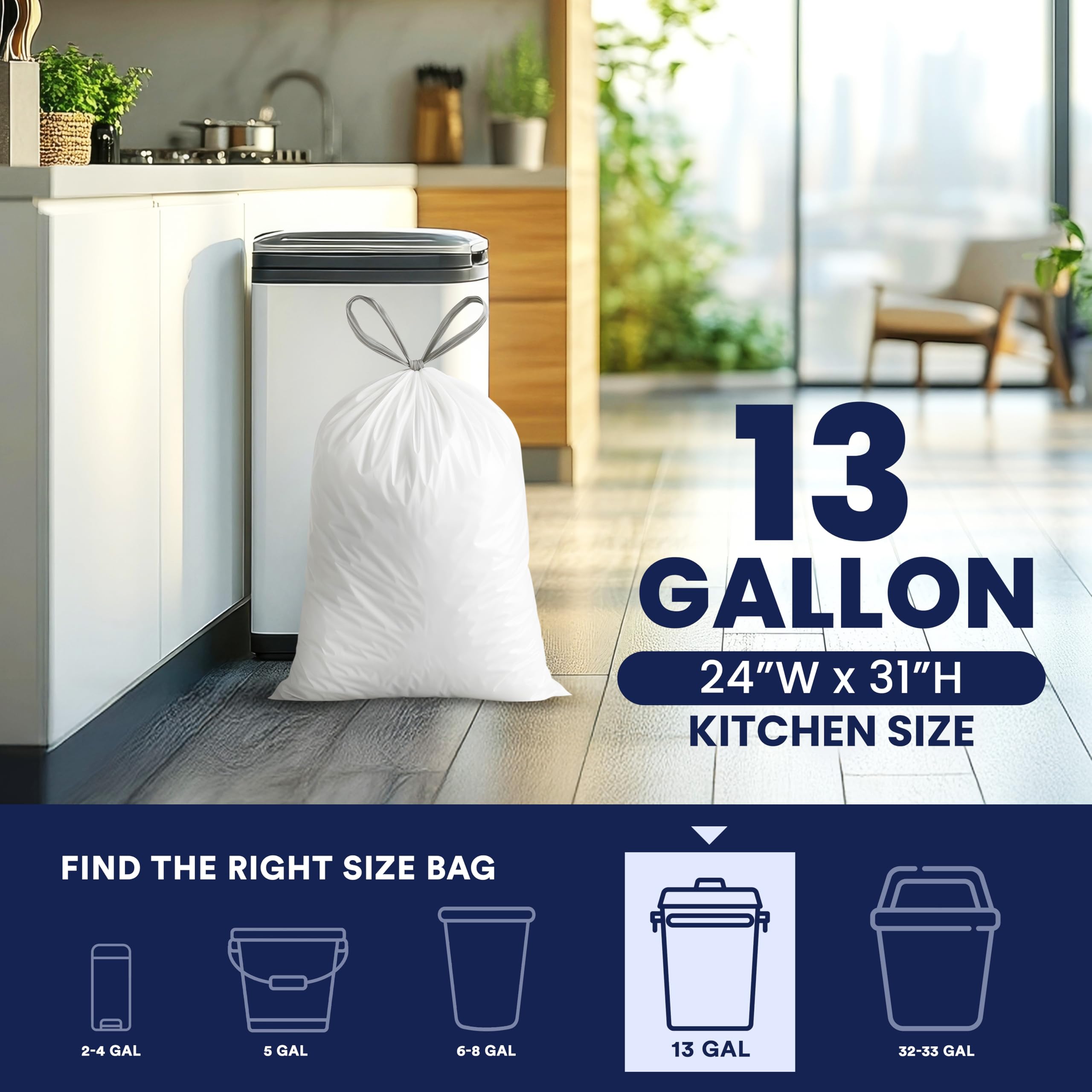 Plasticplace W13DSWH Worki na śmieci 13 galonów │ 1,2 Mil │ Białe wkładki do kosza na śmieci ze sznurkiem │ 61 cm x 79 cm (etui 200), liczba