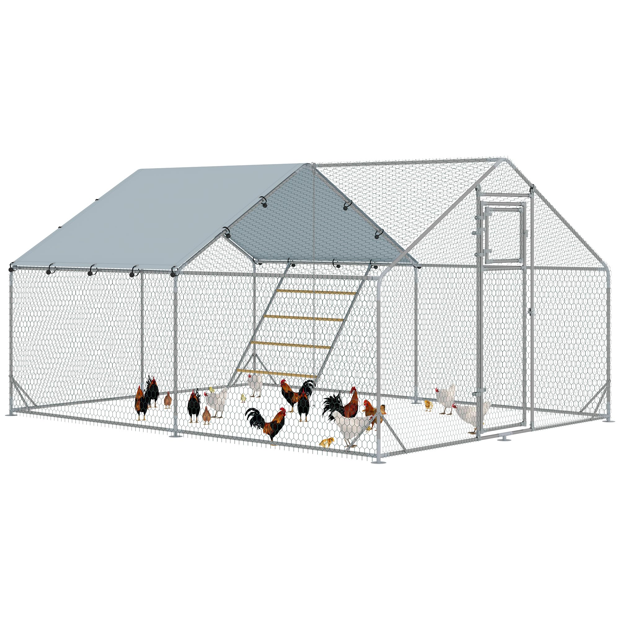 PawHut Pollaio con recinto 3x4x2m per 12-18 galline Argento