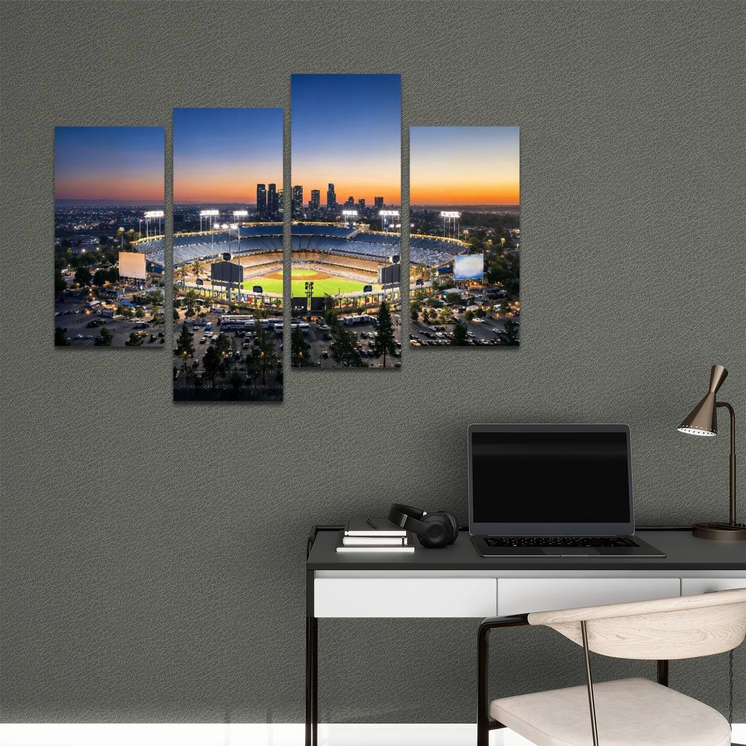 Los Angeles City Skyline with Stadium Canvas Wall Art Hanging Paintings Modern Artwork Abstract Picture Prints Home Decoration Gift Unique Designed Framed 4 panel