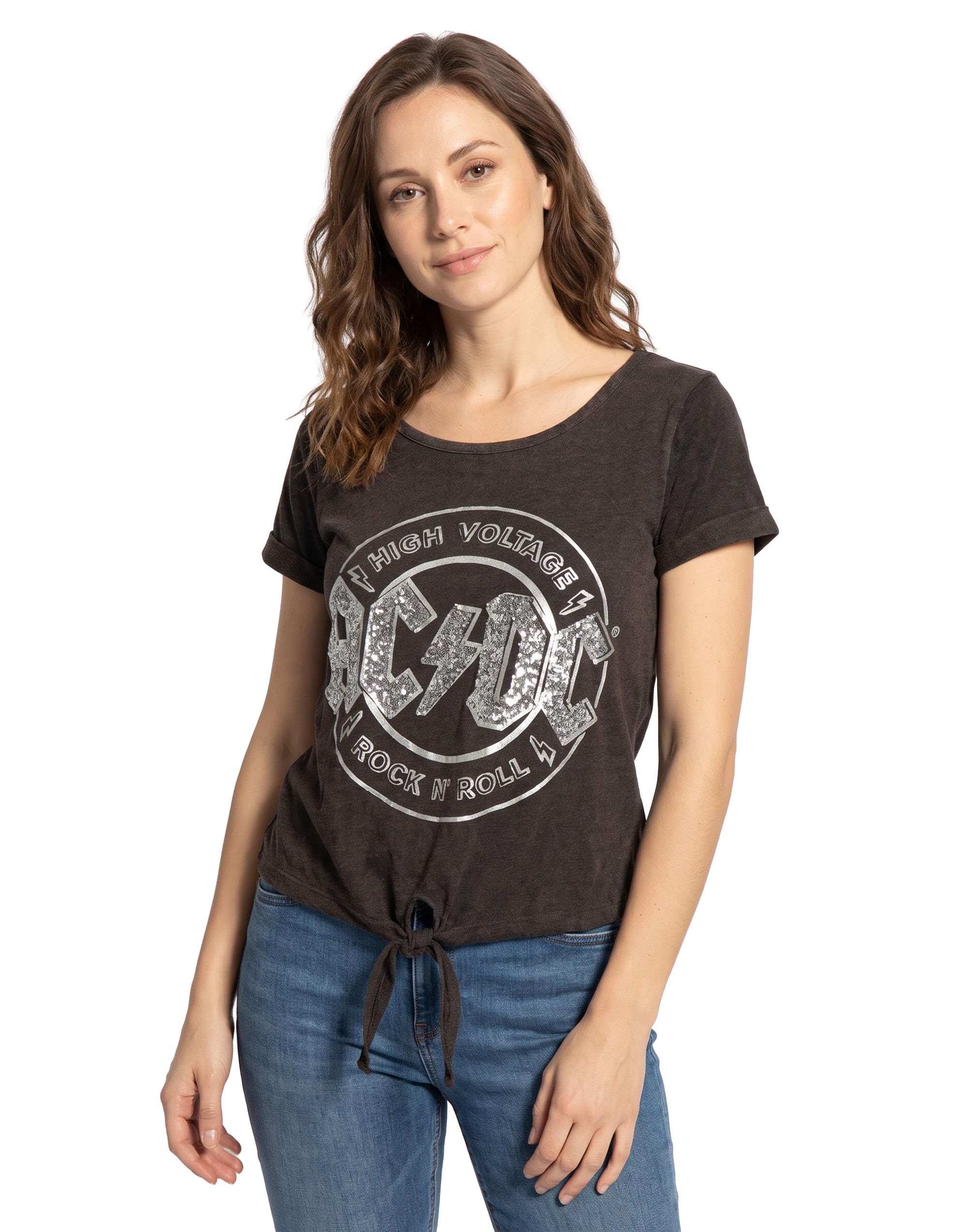 Ac/Dc Women's Black Comics High Voltage Sequin Acid Wash Tie Front T-Shirt