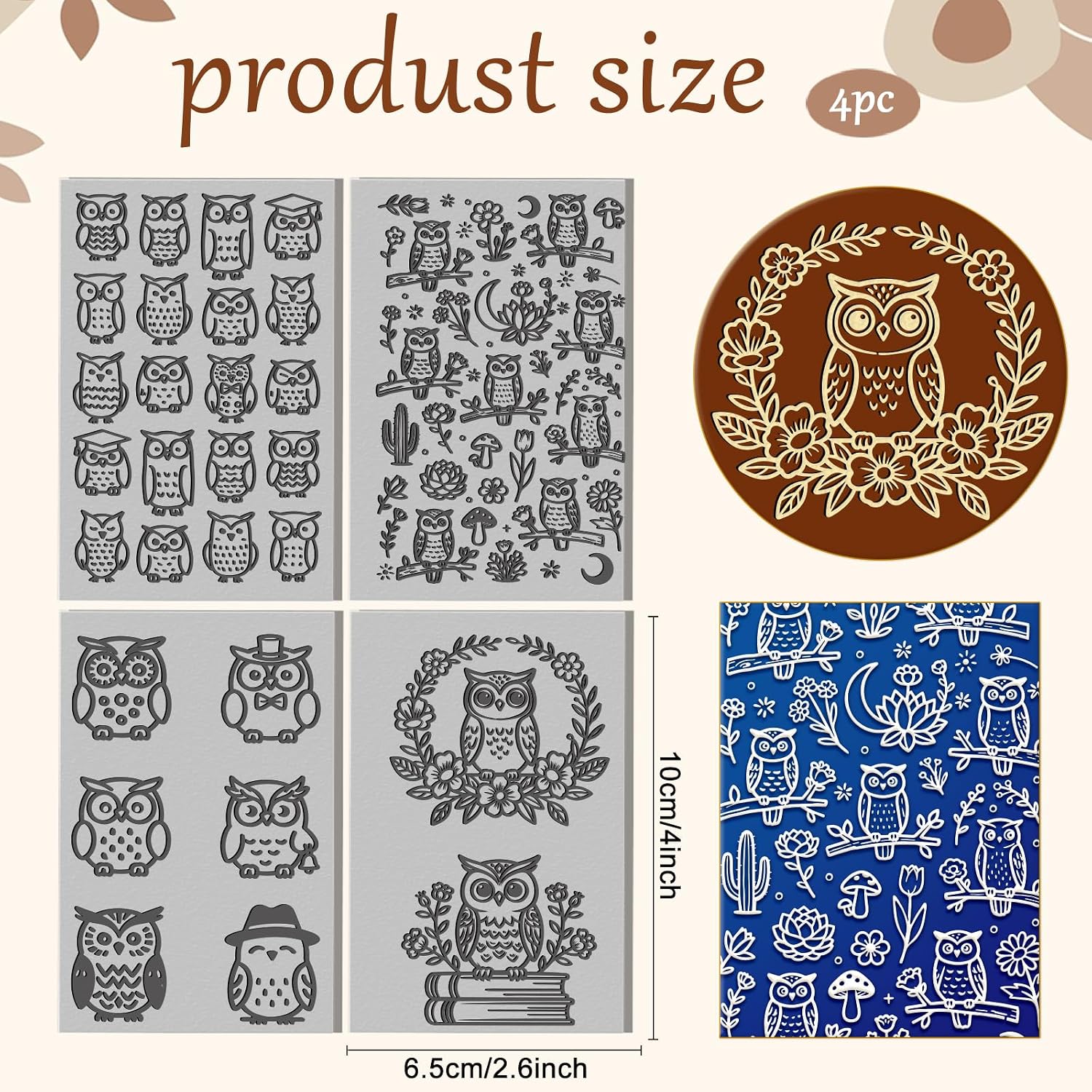 4 Sheets 4 Styles Owl Polymer Clay Texture Mat Flowers and Plants Clay Modeling Pattern Pad Books Texture Sheets for Making Earrings Jewerly Tools, 4×2.6 inch image 2