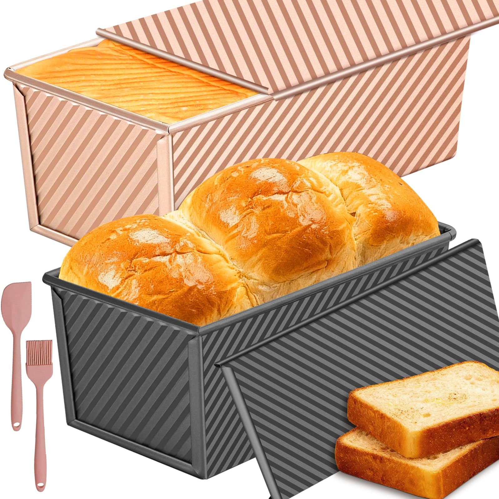 2 Pack Pullman Loaf Pan with Lid: 2.2 LB & 1 LB (13x4 & 9x4 inch) Sandwich Bread Loaf Pan for Homemade Sourdough Bread - Nonstick Carbon Steel Corrugated Toast Box Mold for Baking Bakeware