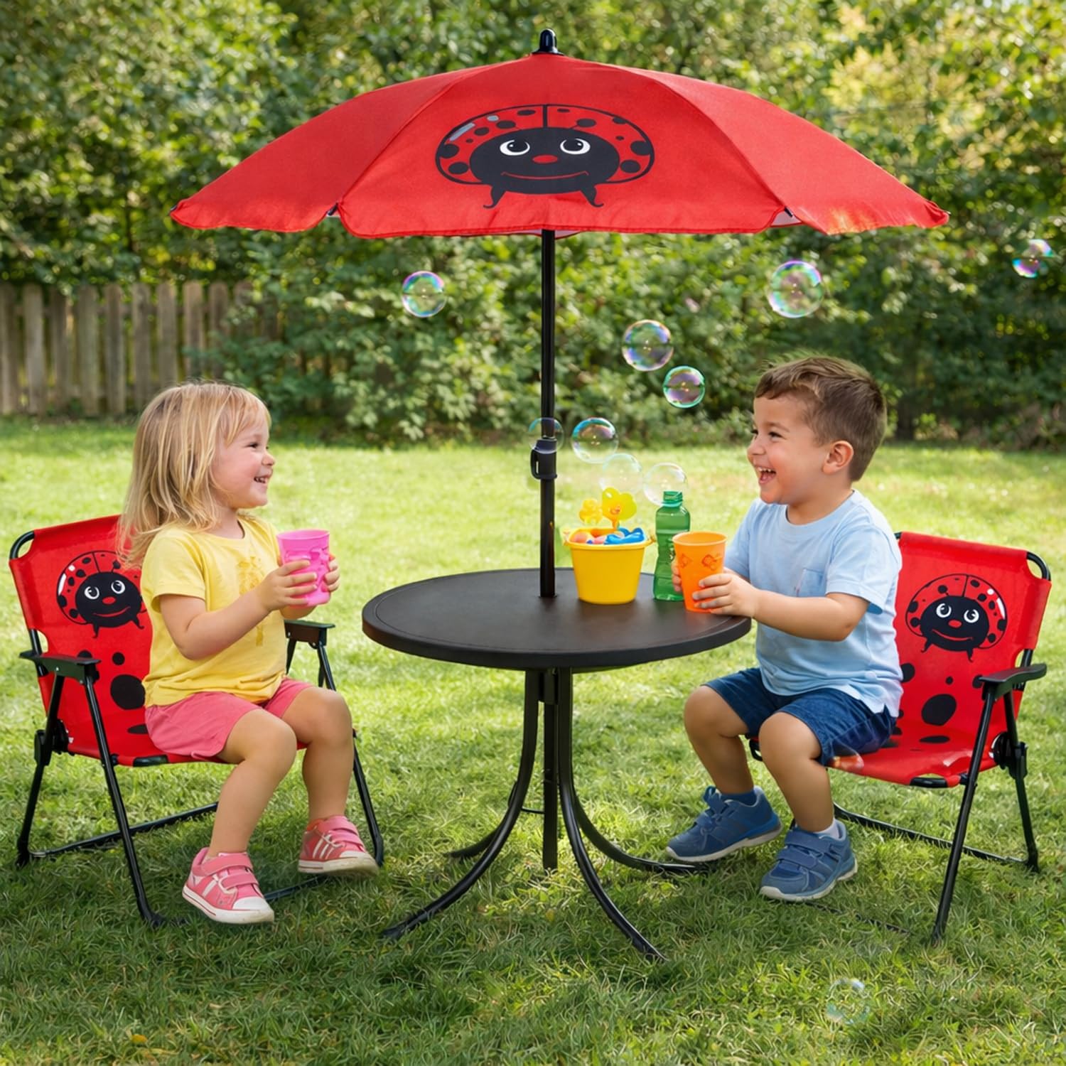 Mojawo 4tlg Kinder Campingmöbel Set Outdoor 2 x Campingstuhl Klappstuhl Käfer + Tisch + Sonnenschirm Rot