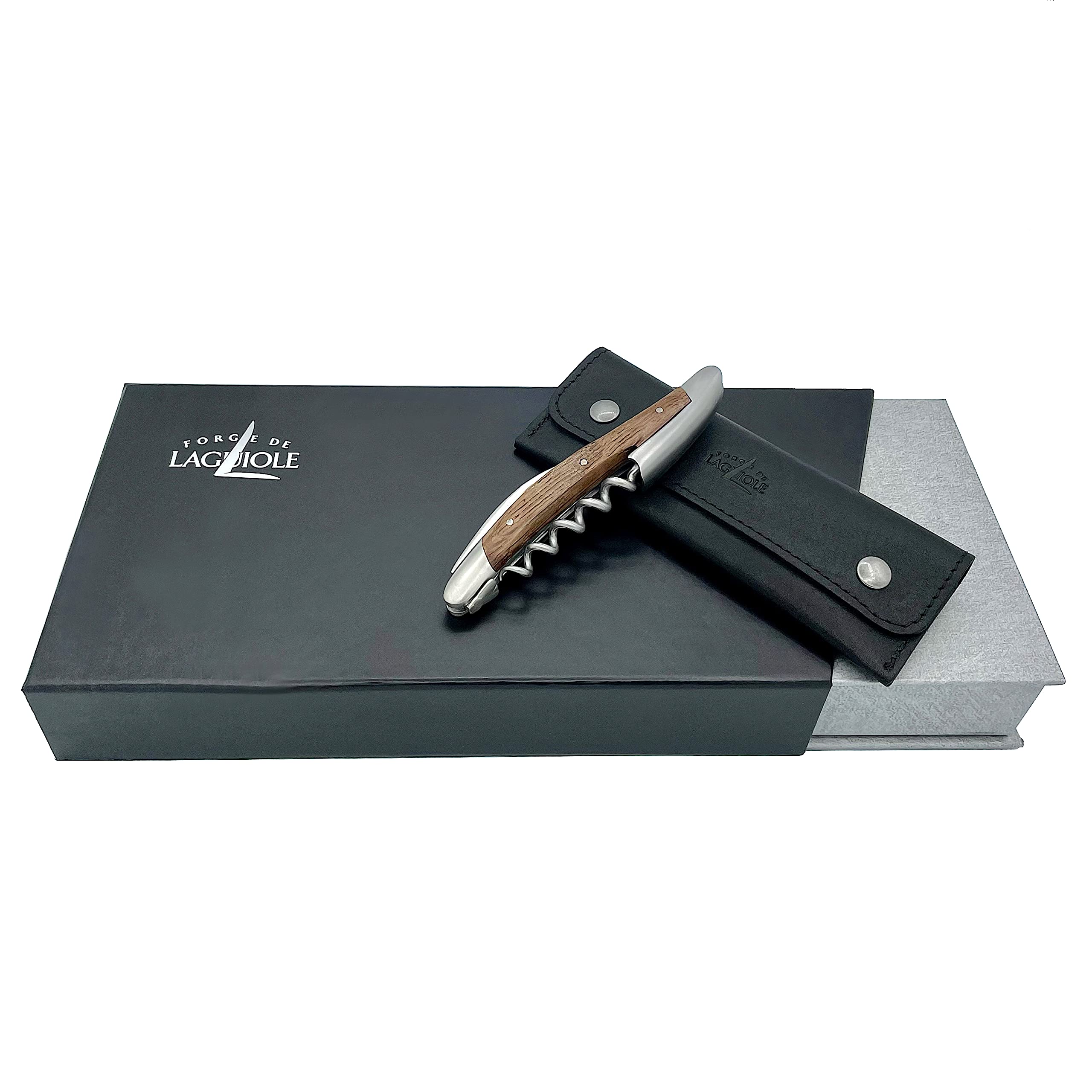Forge de Laguiole Sommelier Fasseiche Matt, handgefertiges Kellnermesser weiches Lederetui + Poliertuch