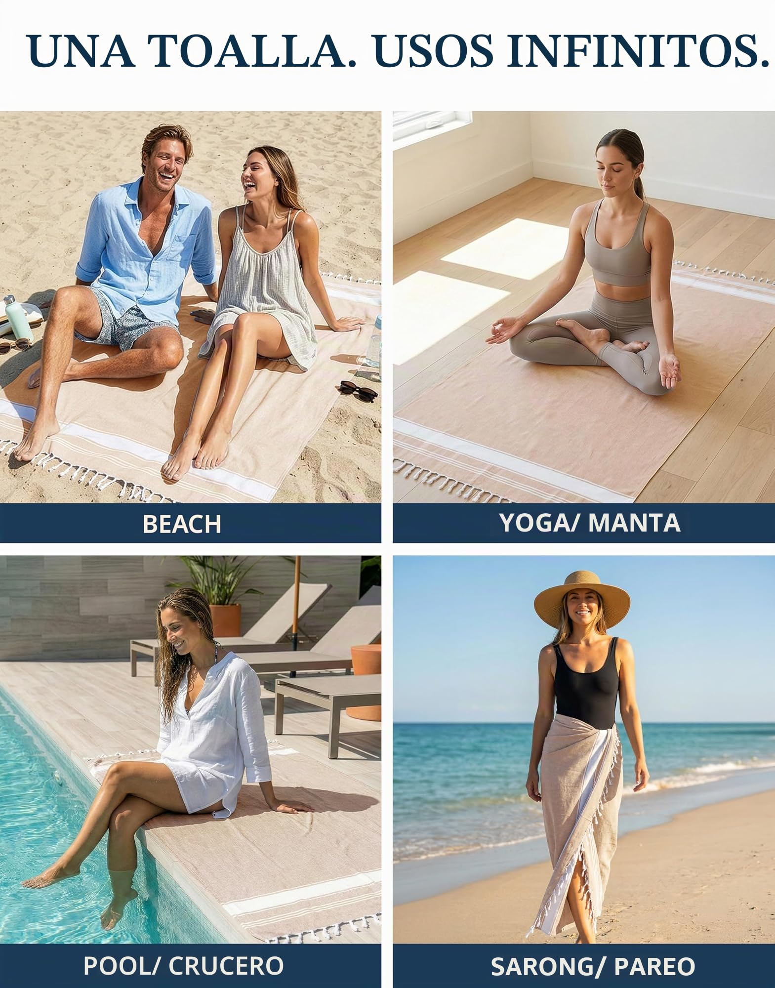 LANE LINEN Paquete de 4 toallas de playa de gran tamaño para adultos, toallas de playa ligeras de viaje, prelavadas para una sensación suave al tacto, toallas de playa de secado rápido, 39 x 71