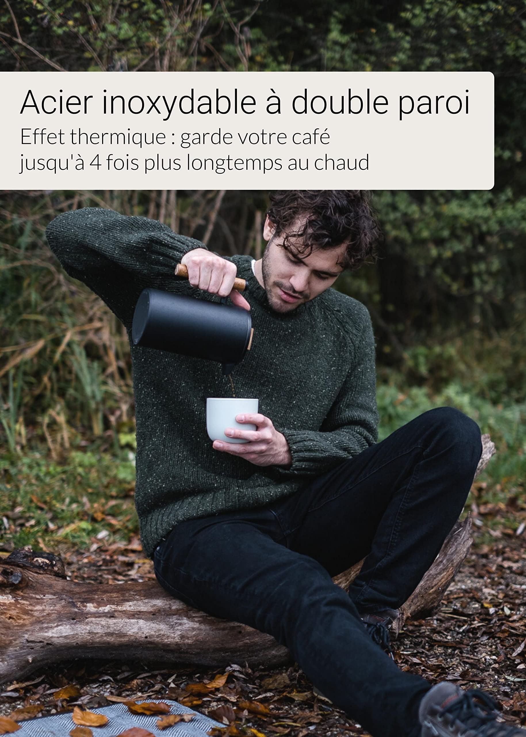 Cafetière à Piston Isotherme Lambda Coffee 350ml - Acier Inox Double Paroi - Poignée Bois