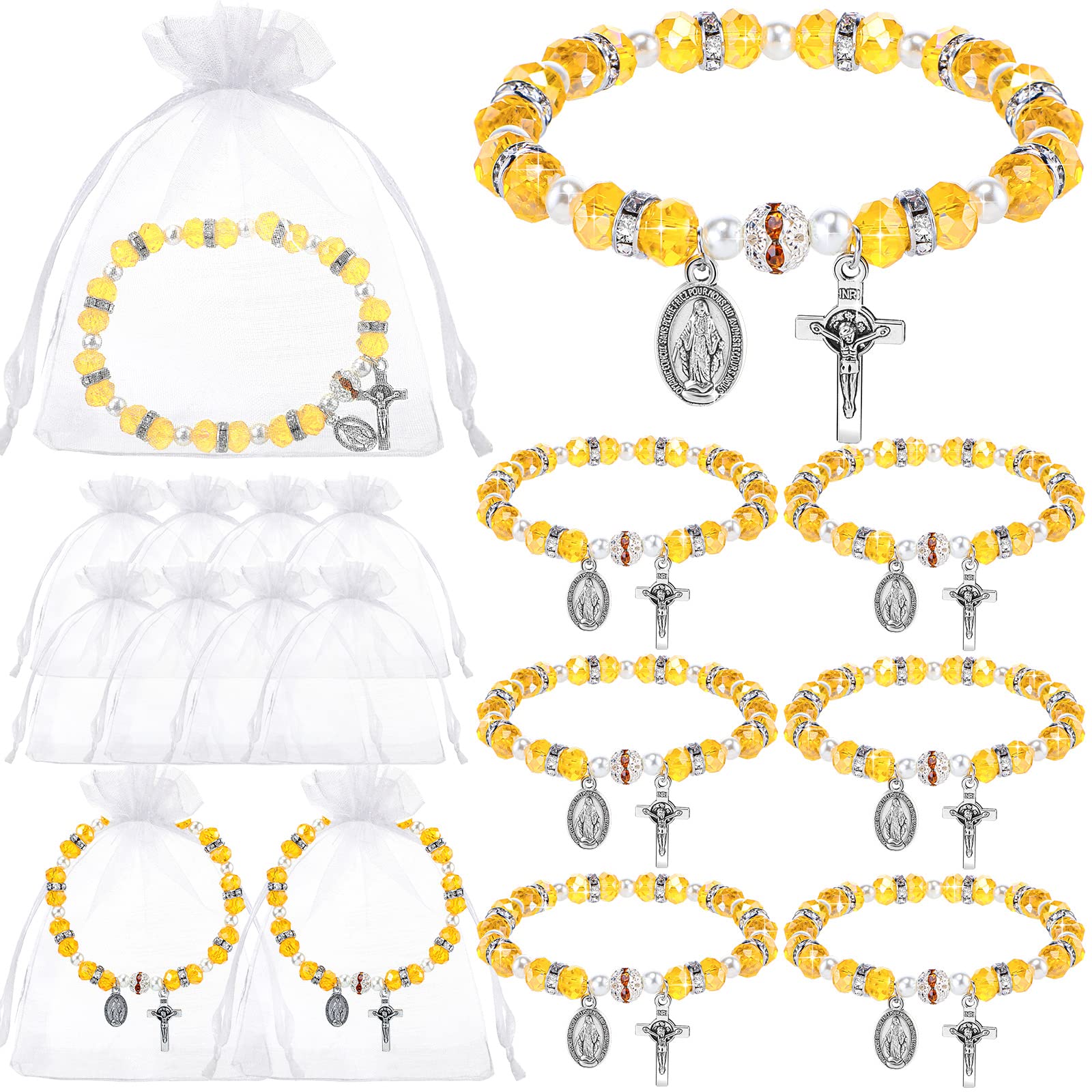 FuutreoFuutreo 15 Sets Catholic Rosary Bracelets for Women with Mesh Bags 15 Gold Beaded Bracelet Stretch Rosary Bracelets 15 White Organza Bag for Communion Baptism Favors Baby Shower Party, crystal glass
