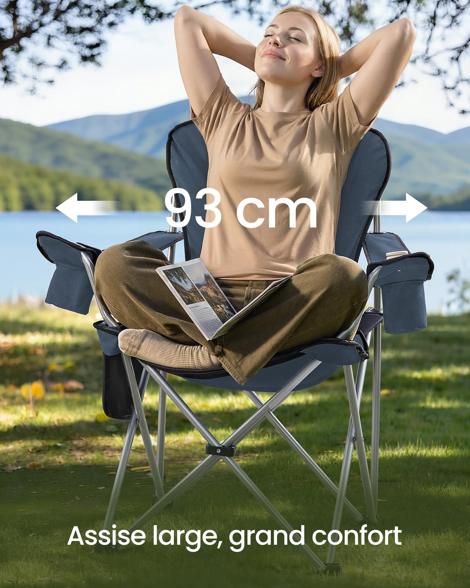 SONGMICS Chaise Pliante Camping, Siège Large, Dossier Haut, Chaise de Pêche Portable avec Porte‑Gobelet, Support pour Téléphone, Organiseur en Tissu, Bleu et Gris GCB005QE01