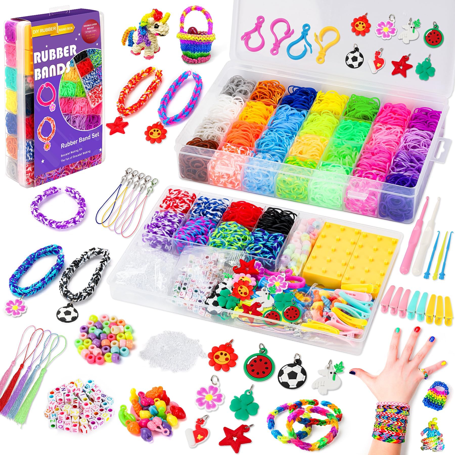 Zestaw 10 000 + tasiemek Loom, 56 rastrów, 36 kolorów, kolorowe taśmy gumowe, zestaw do samodzielnego wykonania, elastyczne bransoletki dla dzieci, do majsterkowania, z koralikami, haczykami, do