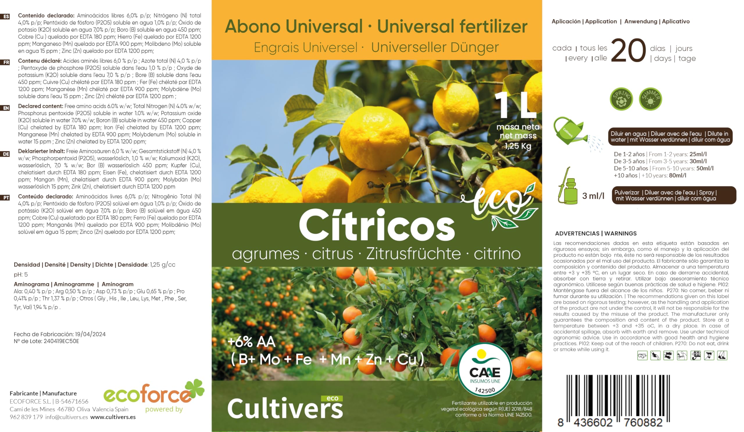 CULTIVERS Bio-Flüssigdünger für Zitrusfrüchte 5 L NPK Eisen Zink Kupfer Mangan Molybdän Bor + 6% Aminosäuren | Dünger für Zitronen-, Orangen-, Mandarinen- und Grapefruitbäume