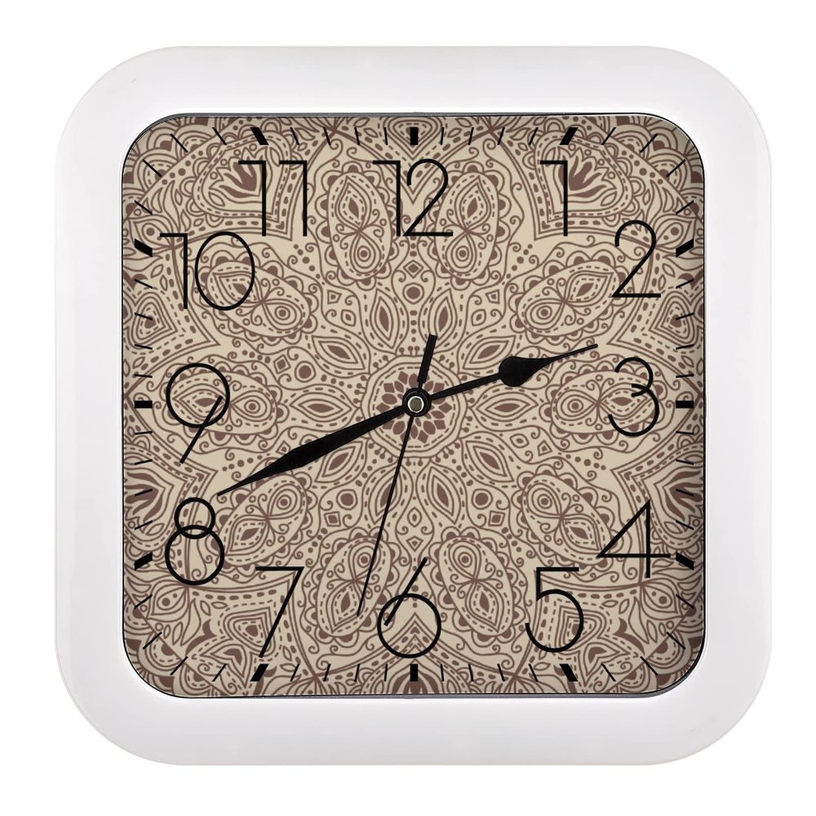 Horloge murale mandala rétro de forme carrée avec grands chiffres lisibles de loin