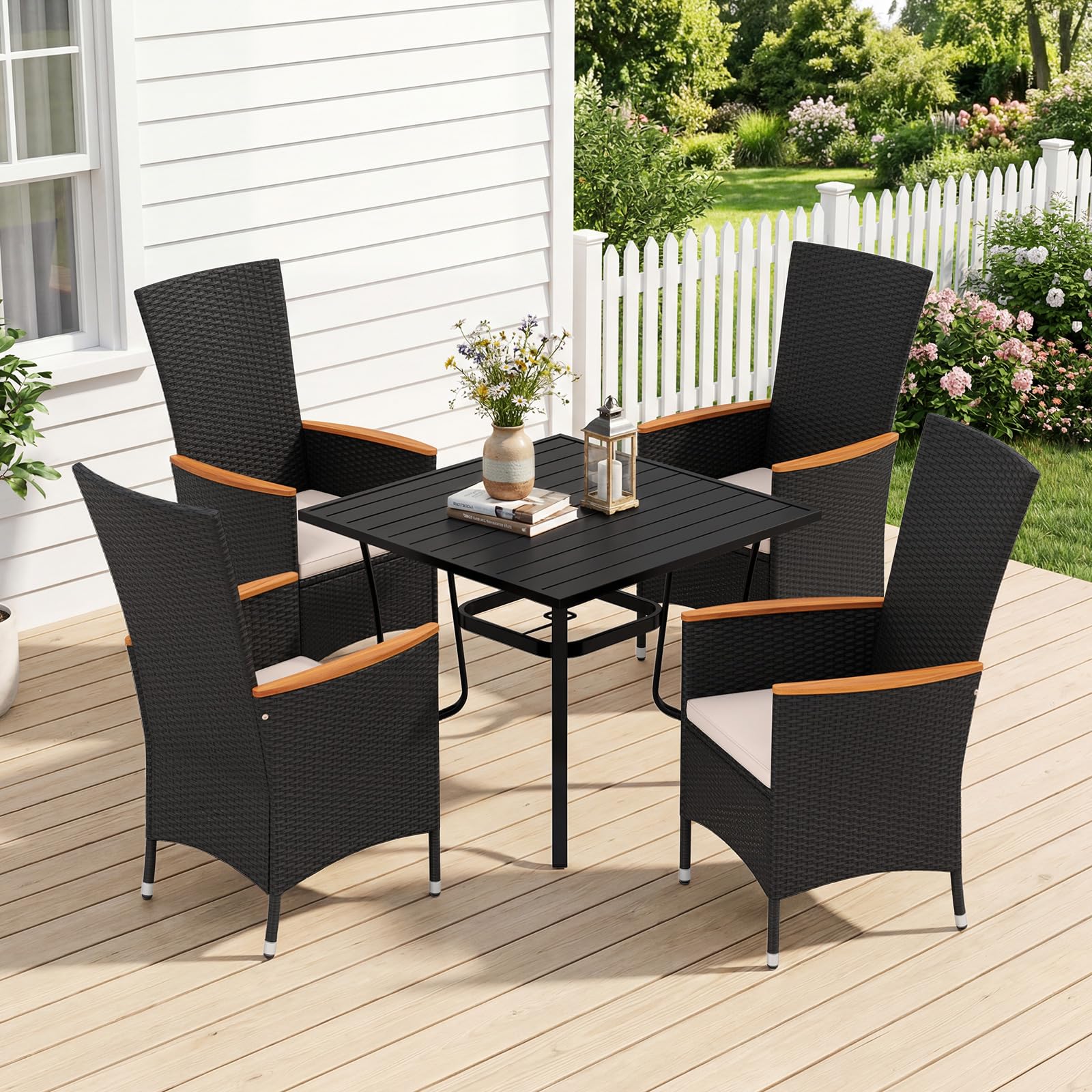 COSTWAY Gartenstühle Hochlehner 2er Set, Rattan Gartensessel, Terrassenstühle mit Sitzkissen, wetterfeste Balkonstühle bis 180 kg belastbar, für Garten, Balkon & Terrasse (Beige)